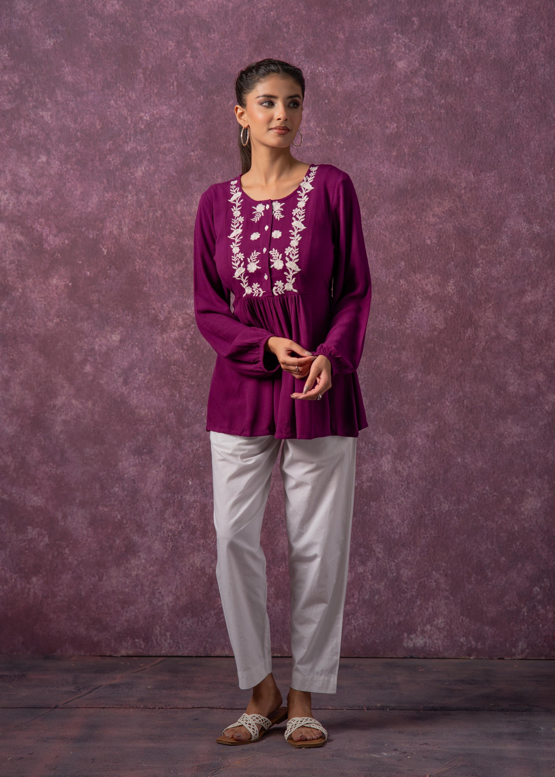 Women's Mint & White Embroidered Viscose Tunic with Thread Work and Buttons