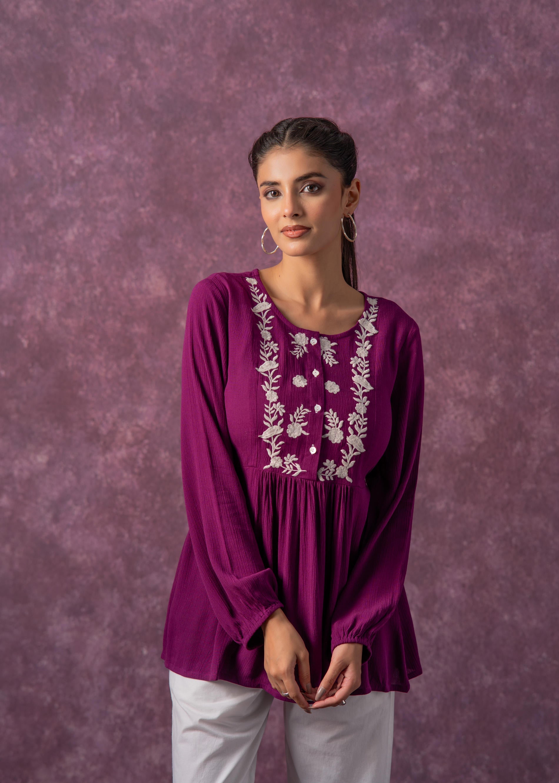 Women's Mint & White Embroidered Viscose Tunic with Thread Work and Buttons