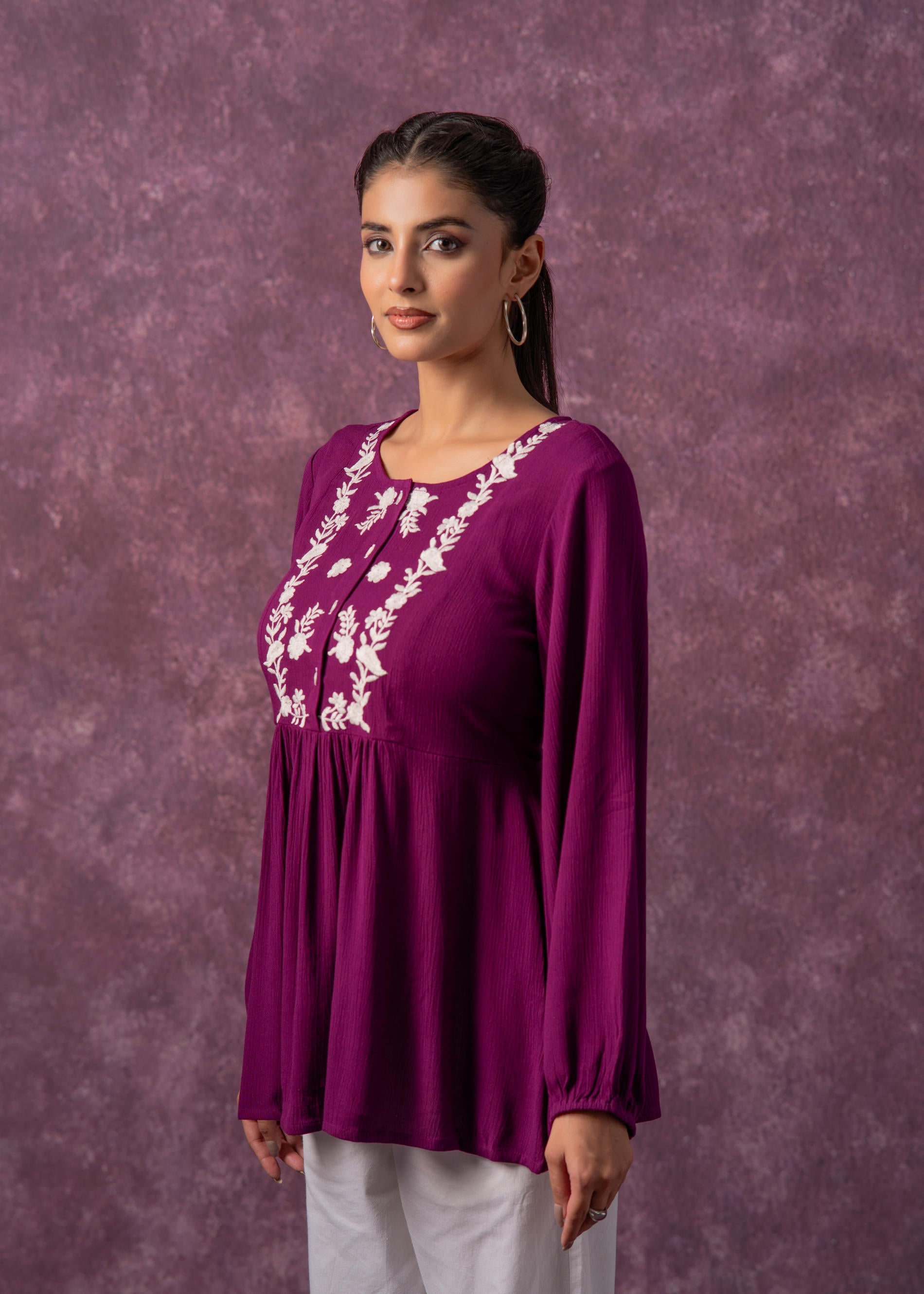Women's Mint & White Embroidered Viscose Tunic with Thread Work and Buttons