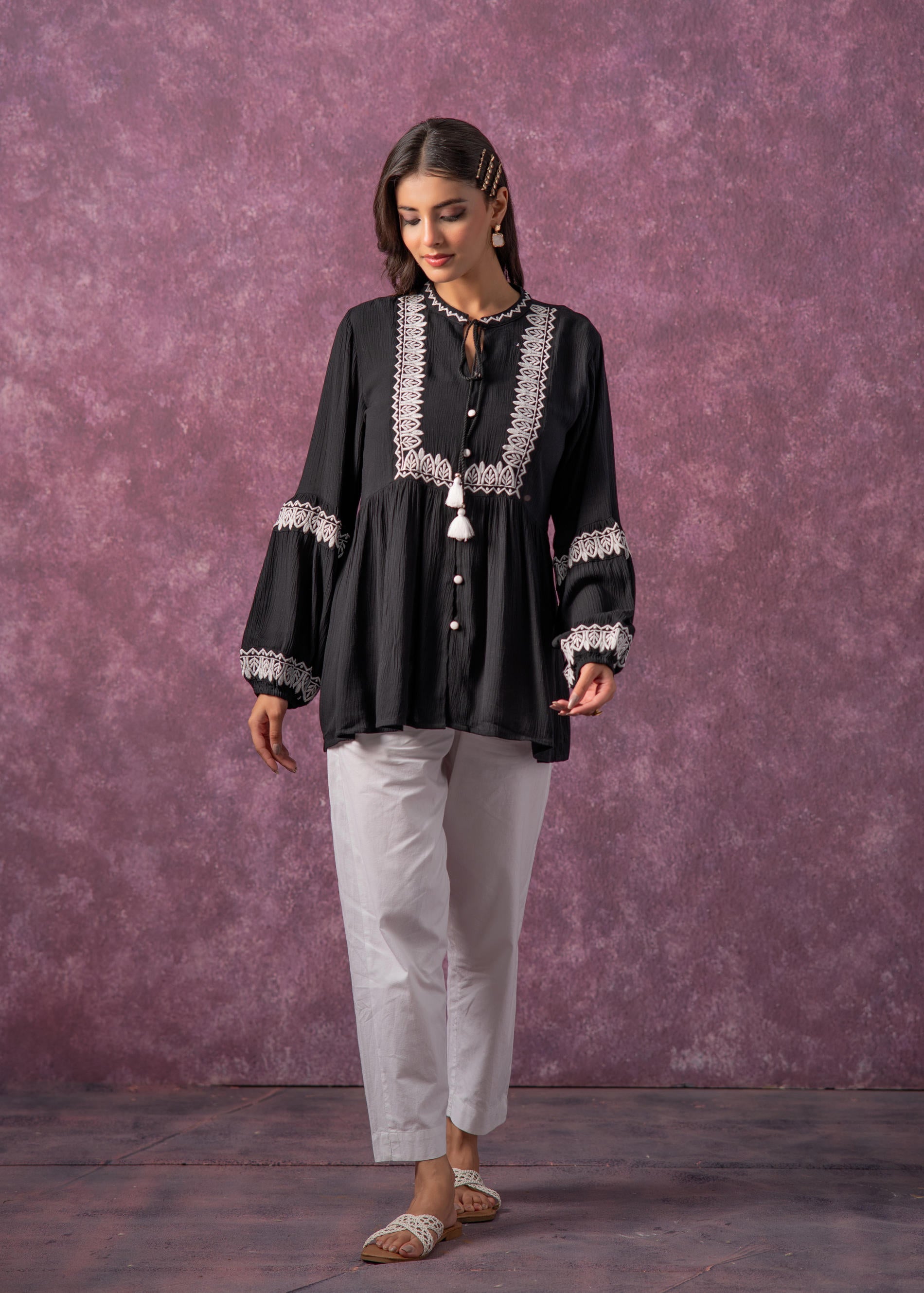 Women's Black & White Embroidered Viscose Tunic with Thread Work, Buttons & Tassels