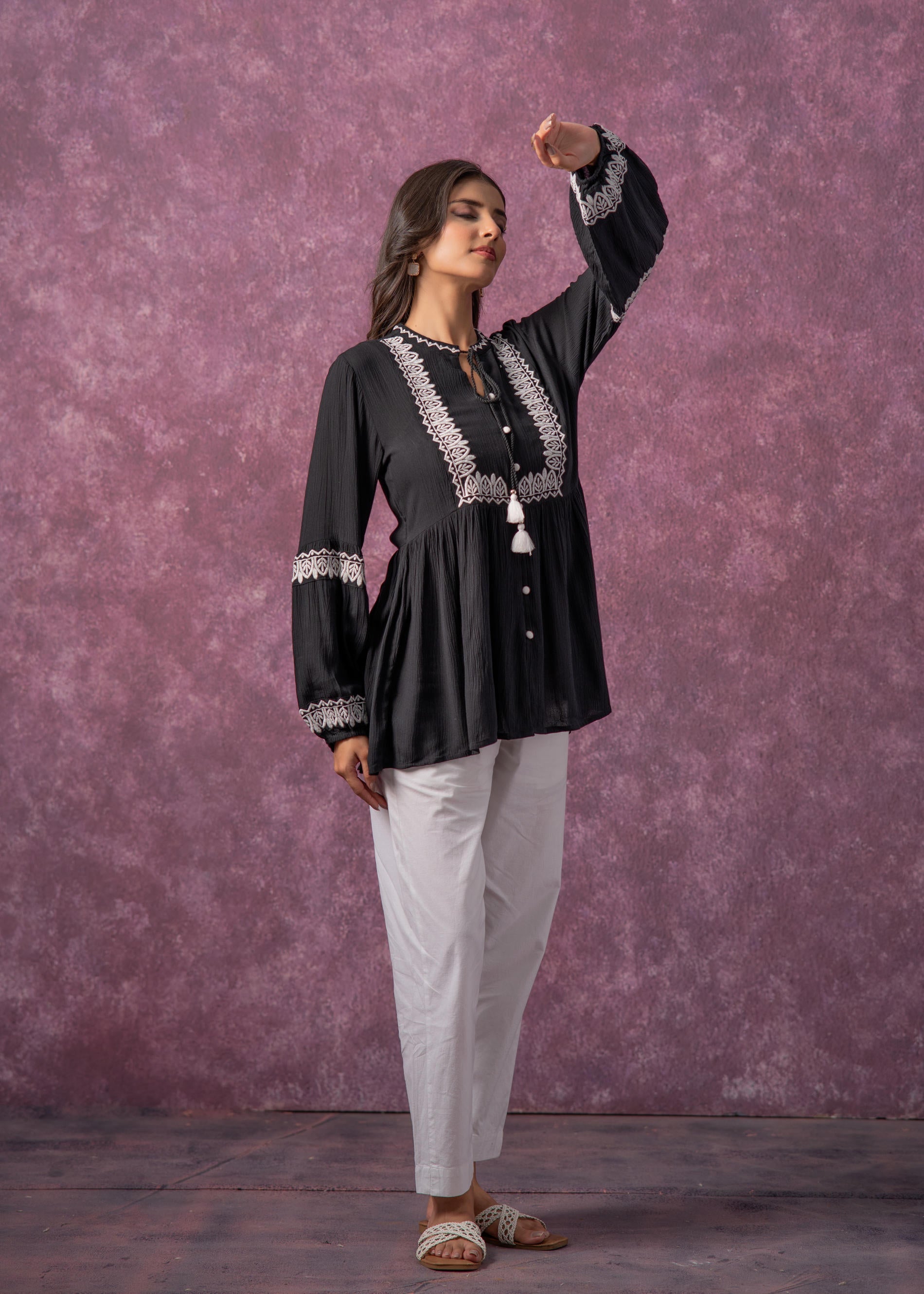 Women's Black & White Embroidered Viscose Tunic with Thread Work, Buttons & Tassels