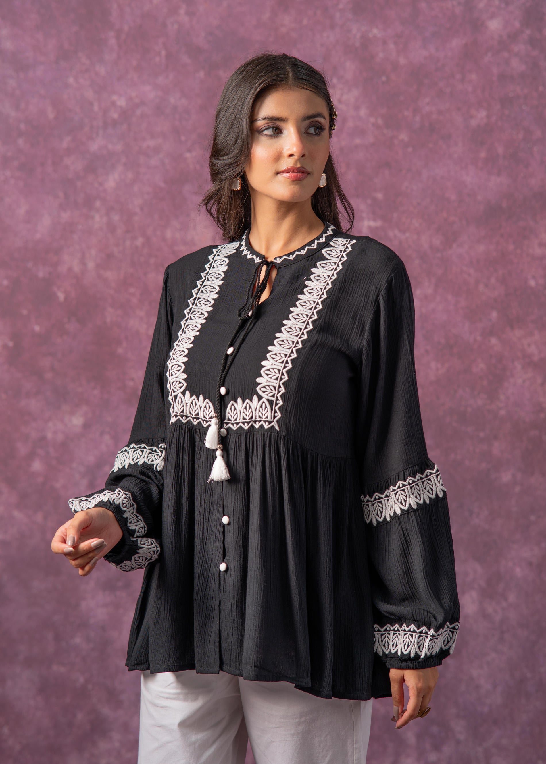 Women's Black & White Embroidered Viscose Tunic with Thread Work, Buttons & Tassels