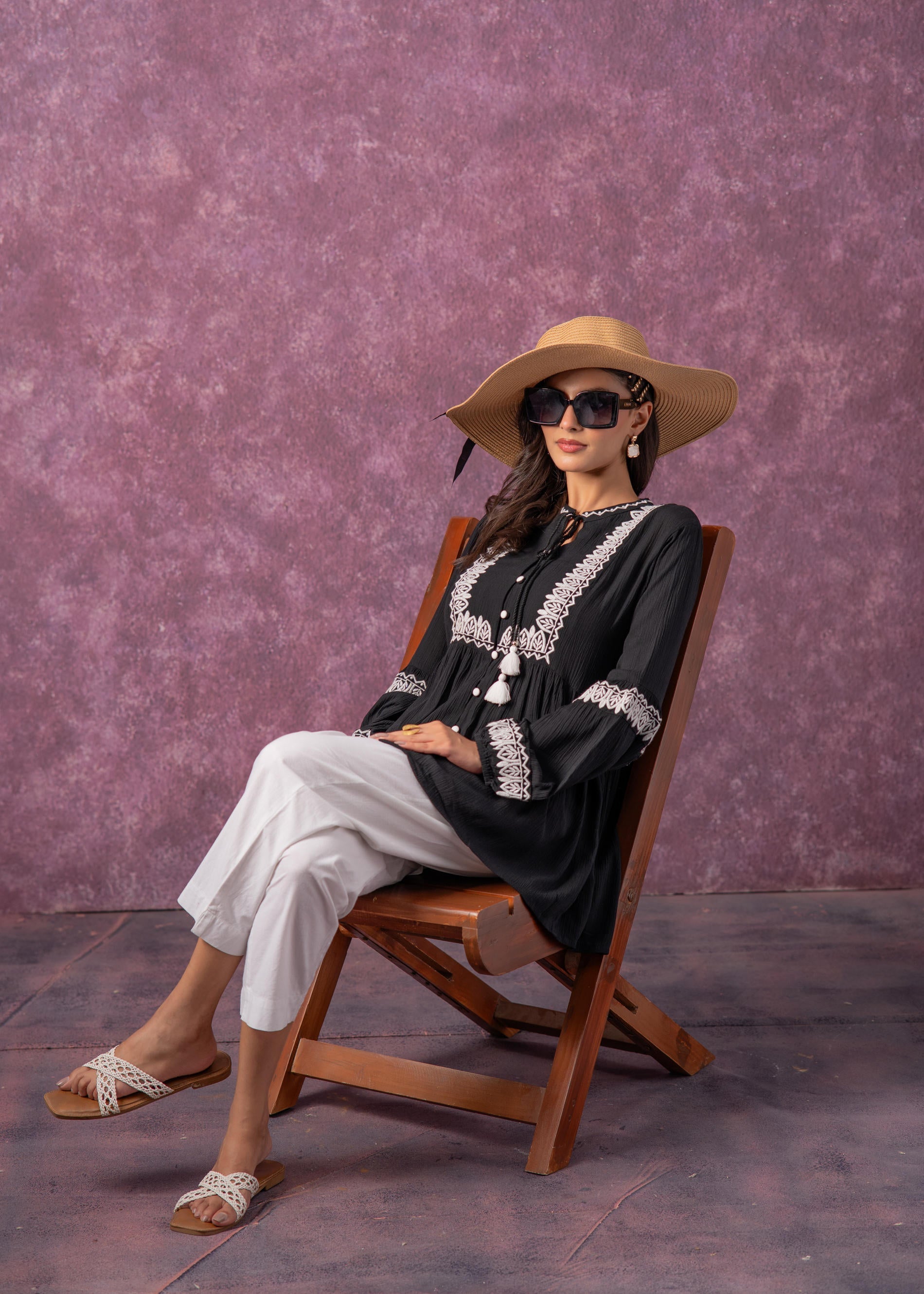 Women's Black & White Embroidered Viscose Tunic with Thread Work, Buttons & Tassels