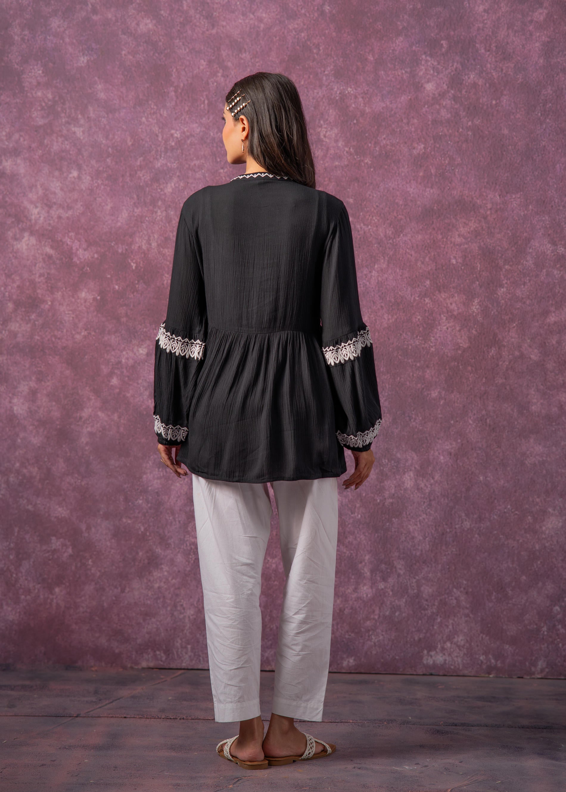Women's Black & White Embroidered Viscose Tunic with Thread Work, Buttons & Tassels