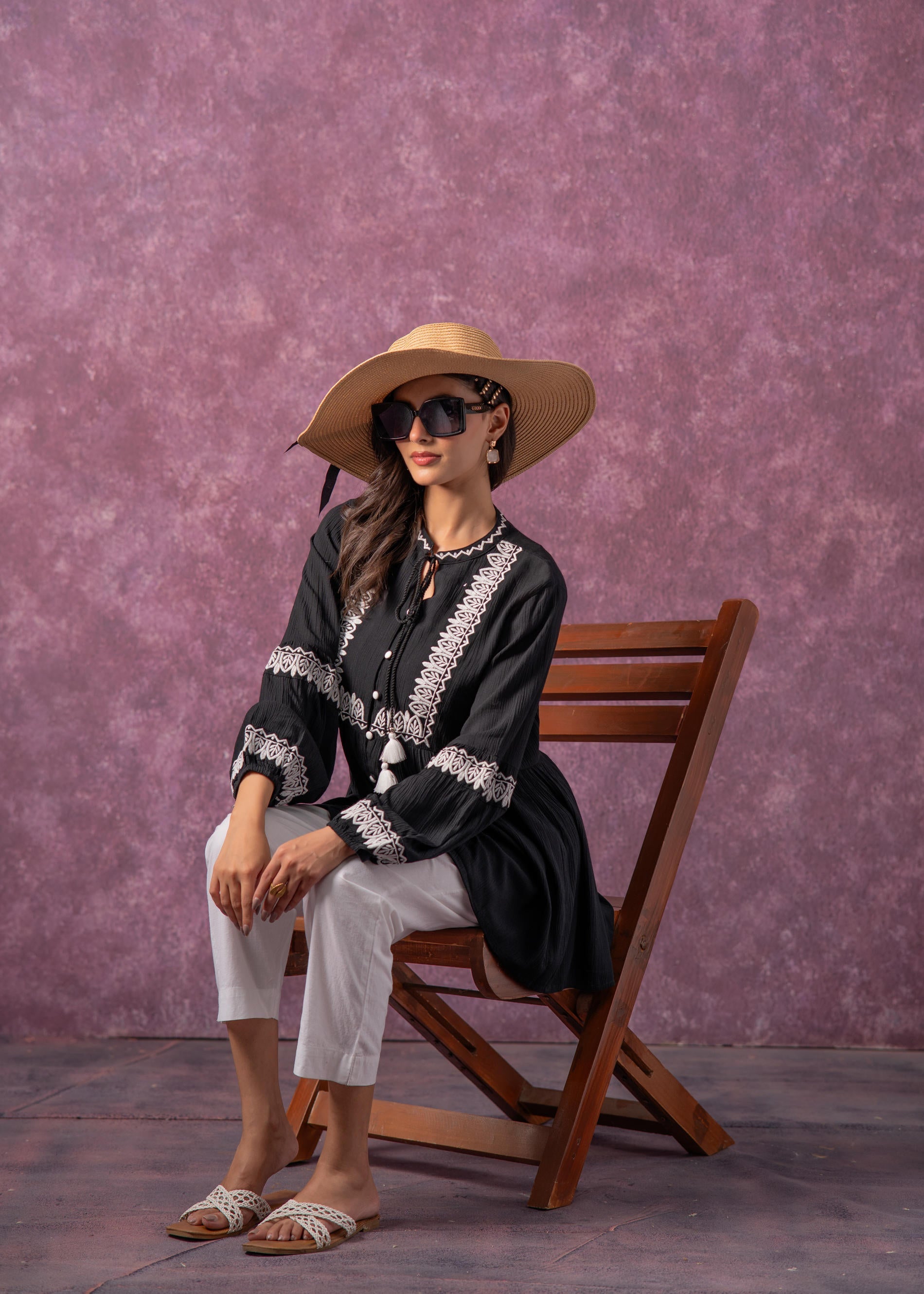 Women's Black & White Embroidered Viscose Tunic with Thread Work, Buttons & Tassels