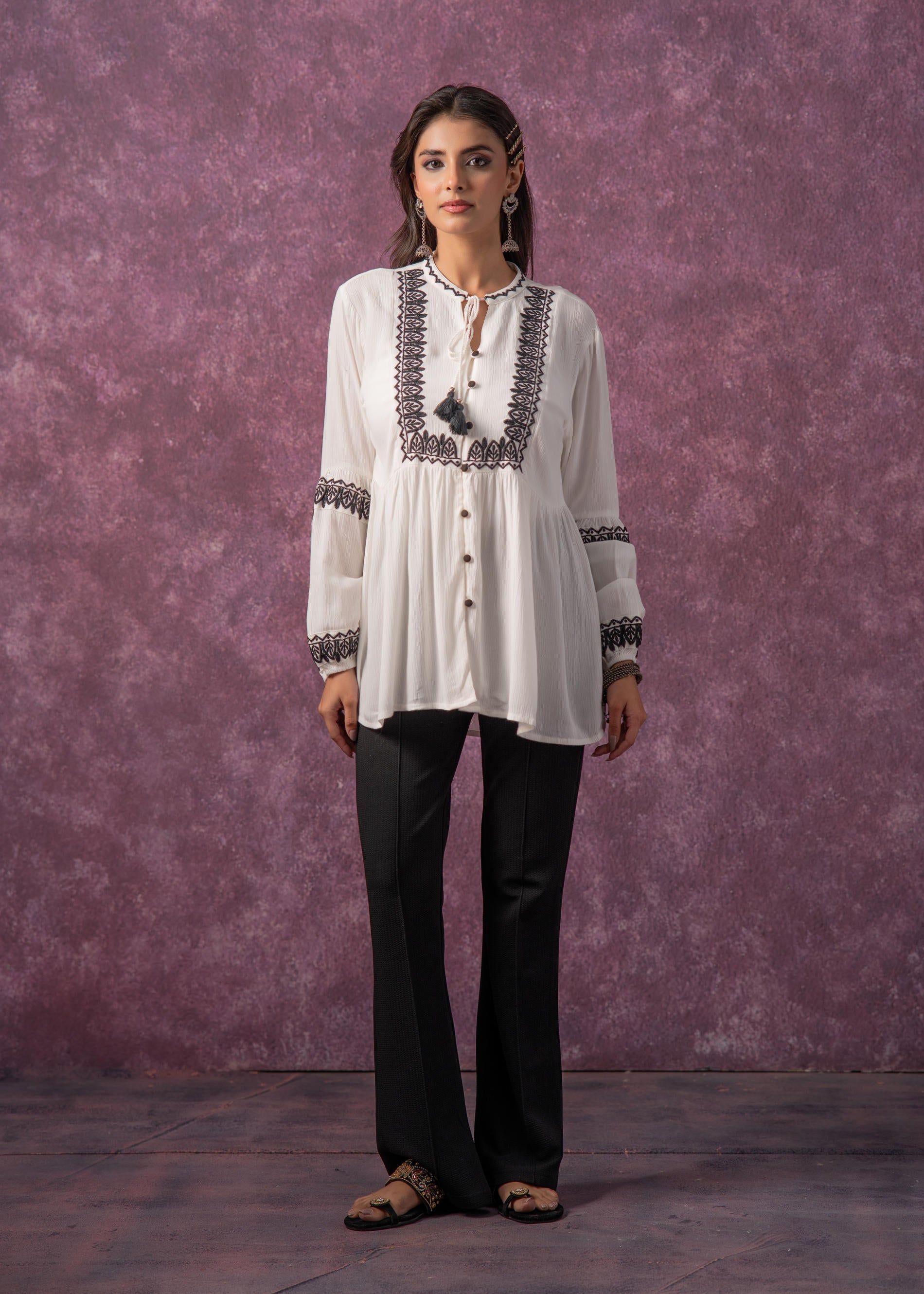 Women's White Embroidered Viscose Tunic with Thread Work, Buttons & Tassels