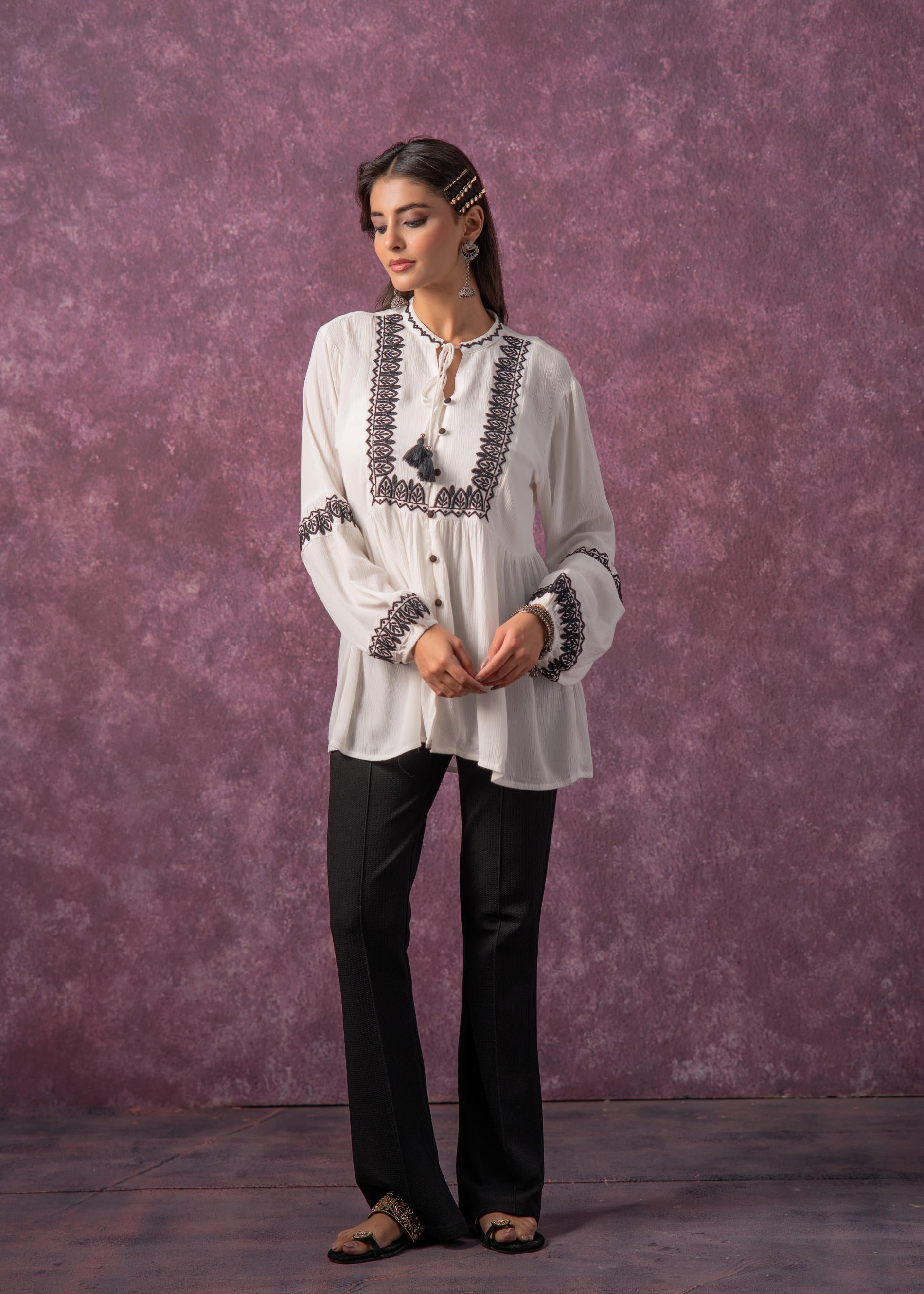 Women's White Embroidered Viscose Tunic with Thread Work, Buttons & Tassels