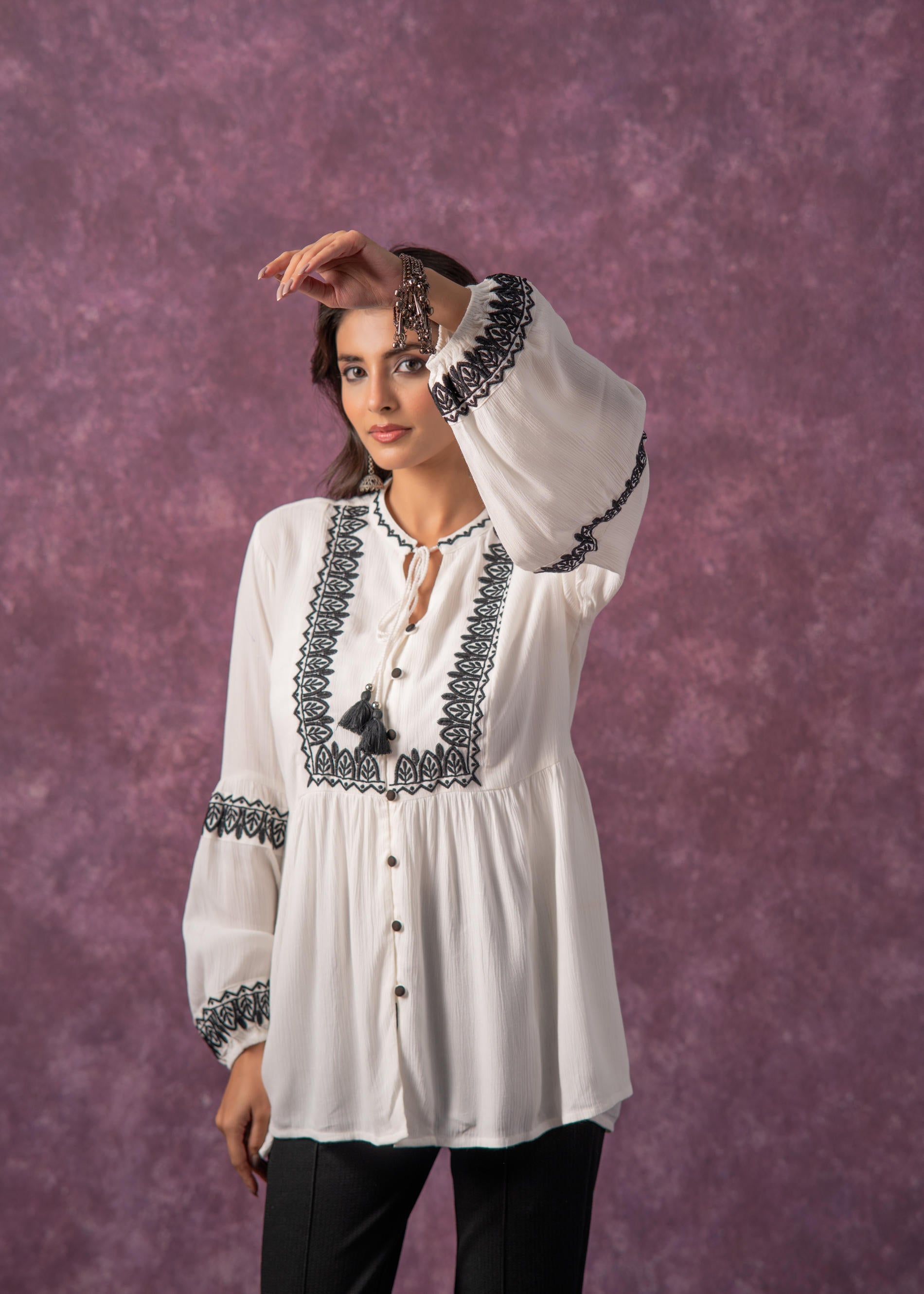 Women's White Embroidered Viscose Tunic with Thread Work, Buttons & Tassels