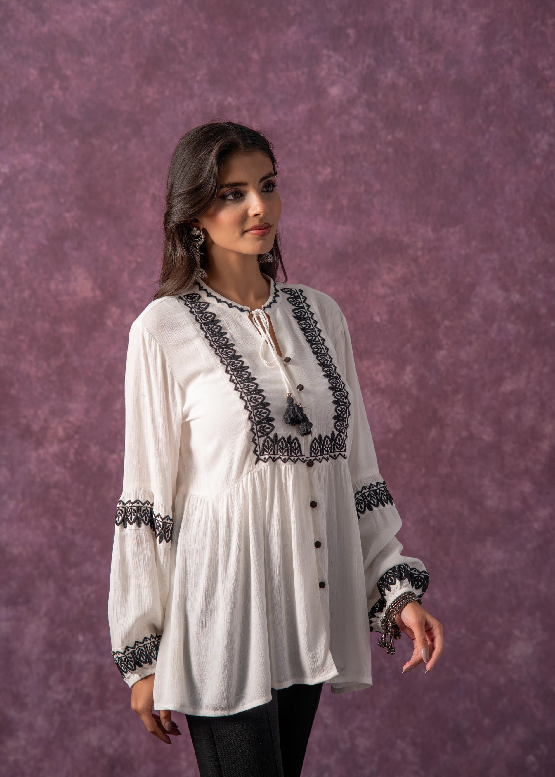 Women's White Embroidered Viscose Tunic with Thread Work, Buttons & Tassels