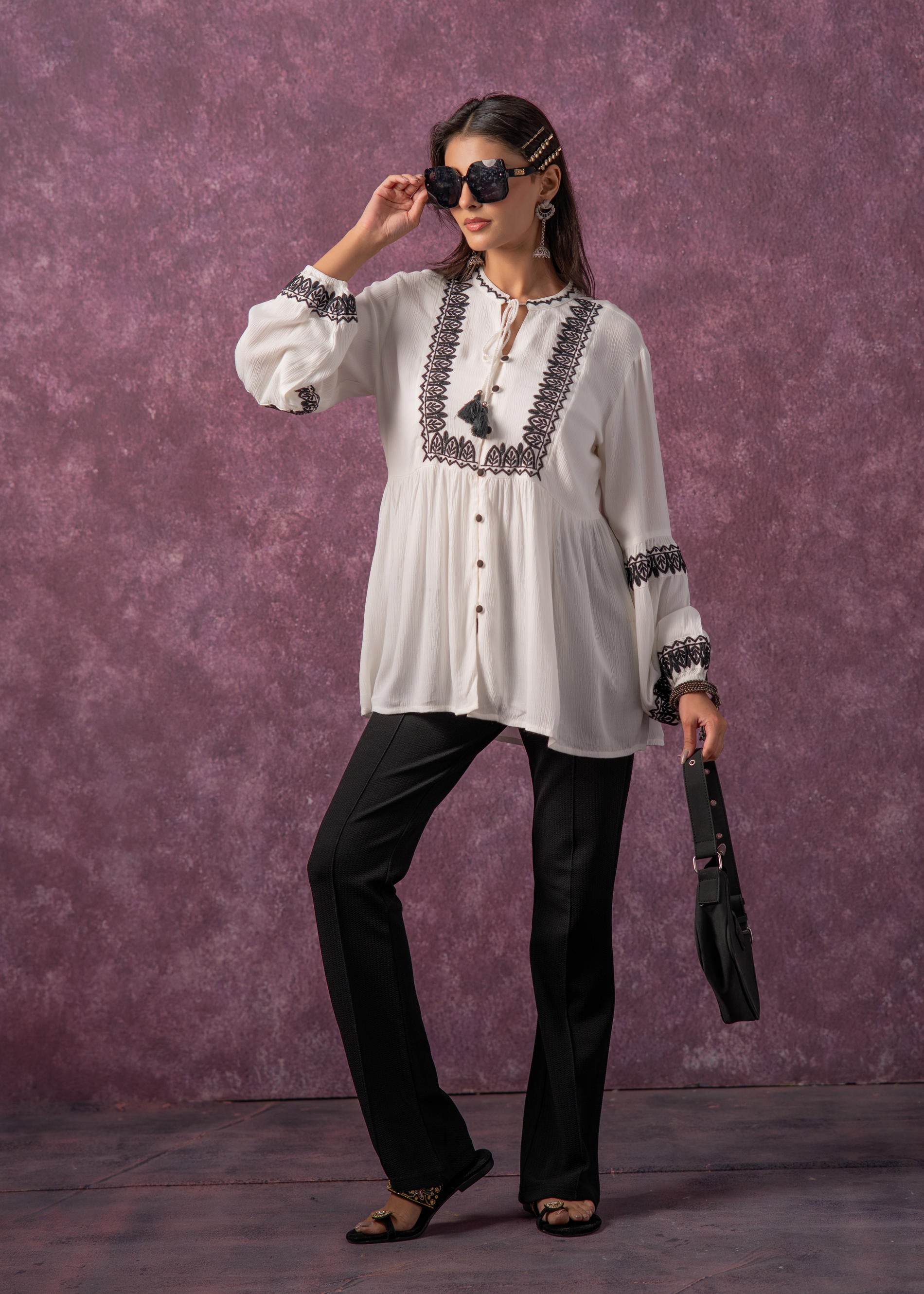 Women's White Embroidered Viscose Tunic with Thread Work, Buttons & Tassels
