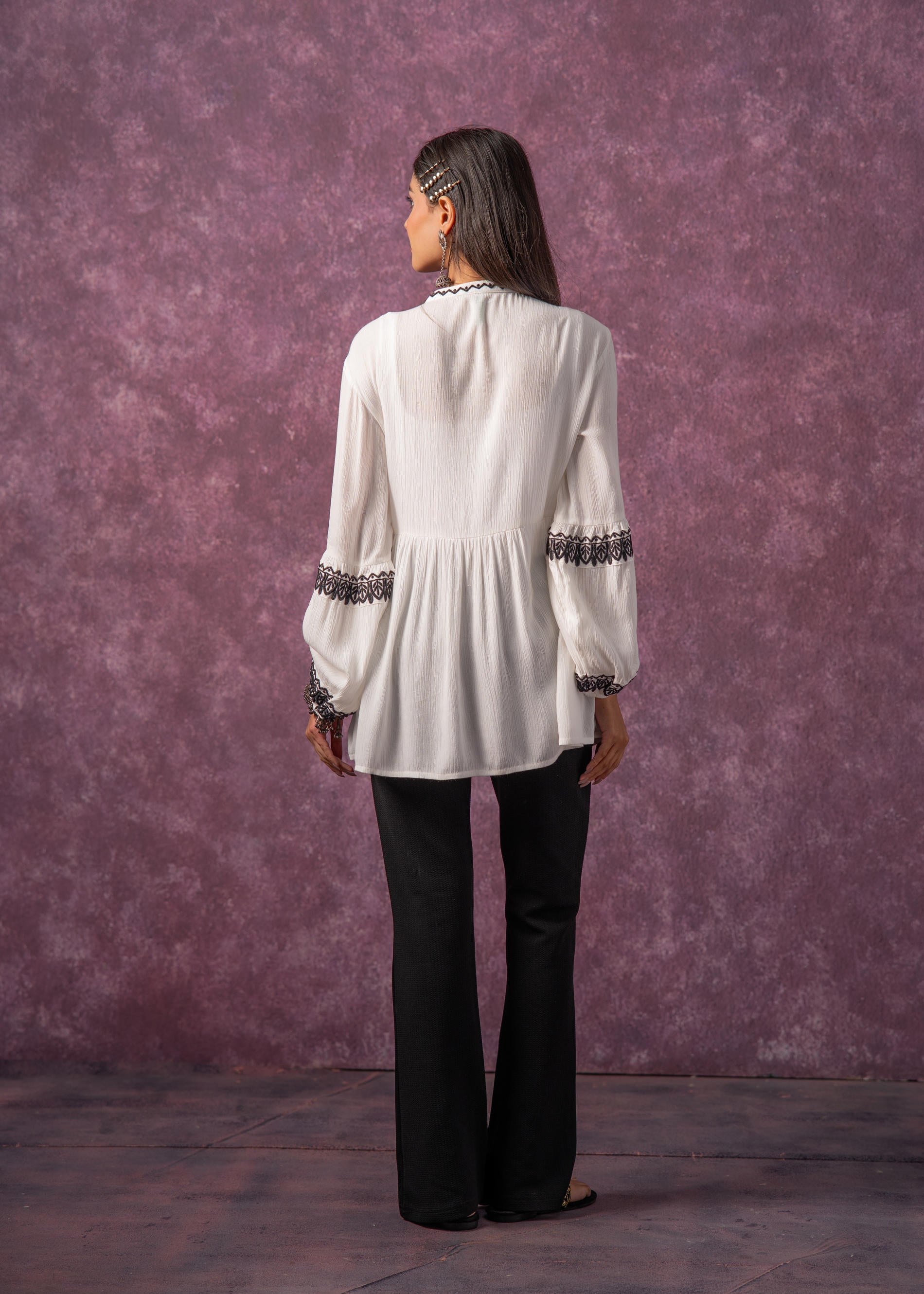 Women's White Embroidered Viscose Tunic with Thread Work, Buttons & Tassels