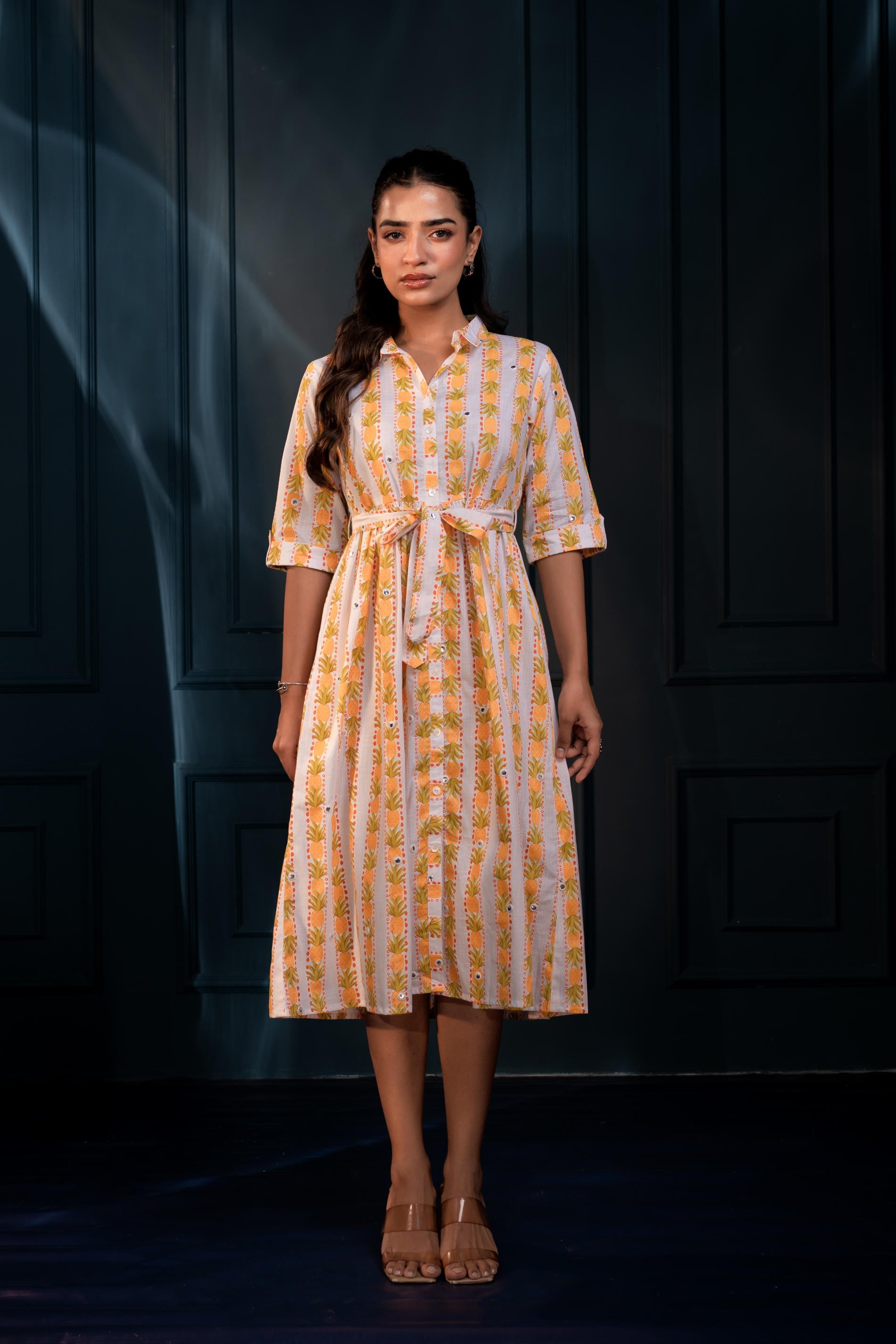 Yellow Floral Cotton Shirt Dress with Belt – GaThread Waist & Mirror Work