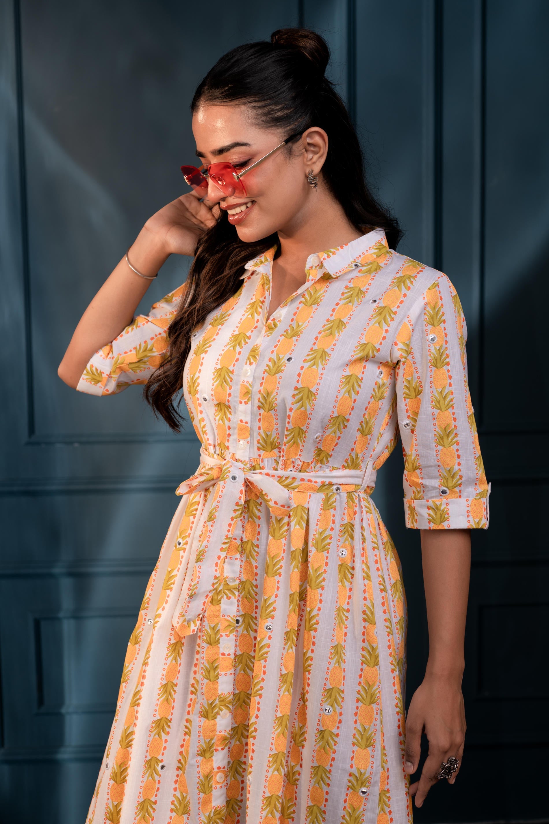 Yellow Floral Cotton Shirt Dress with Belt – GaThread Waist & Mirror Work