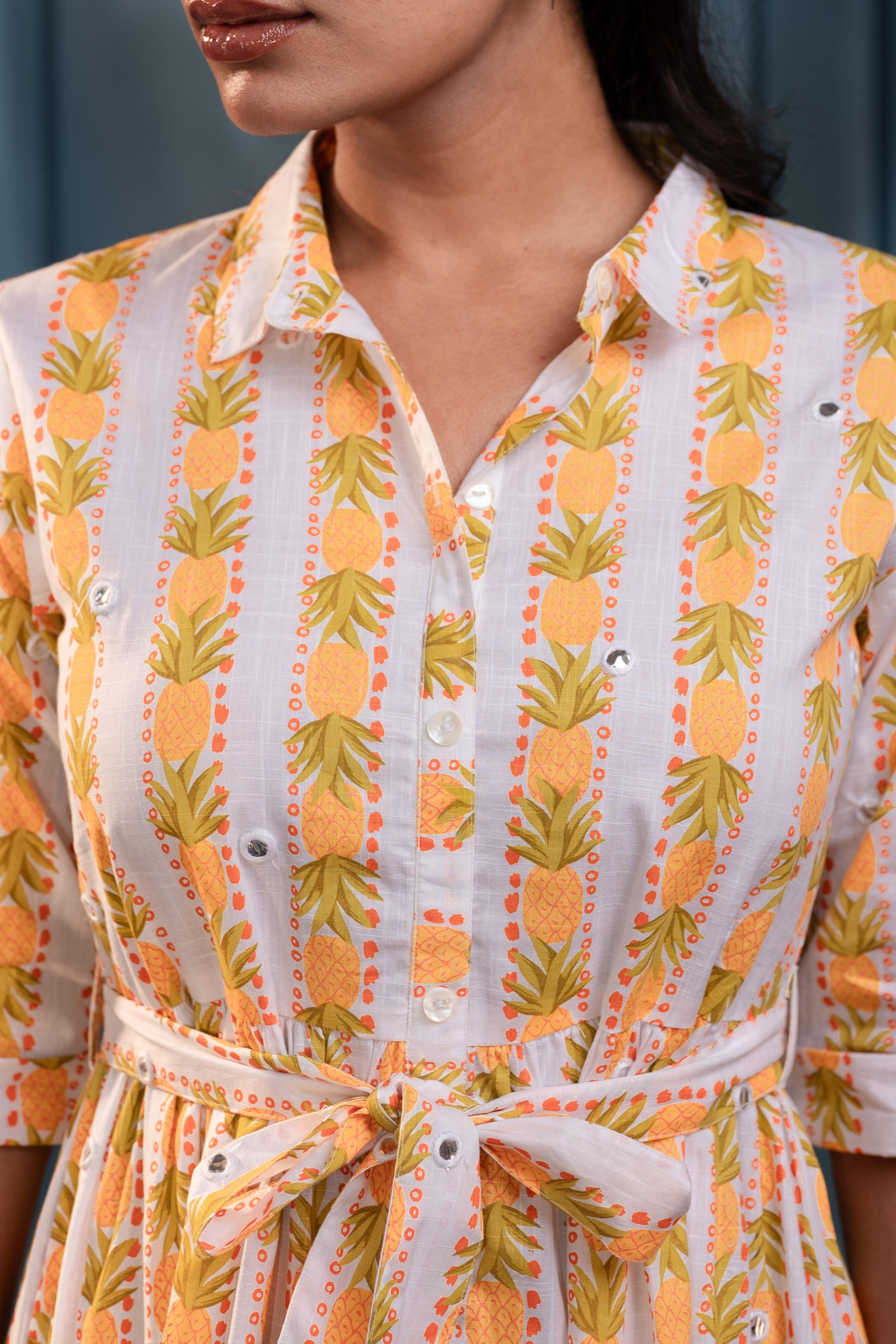 Yellow Floral Cotton Shirt Dress with Belt – GaThread Waist & Mirror Work