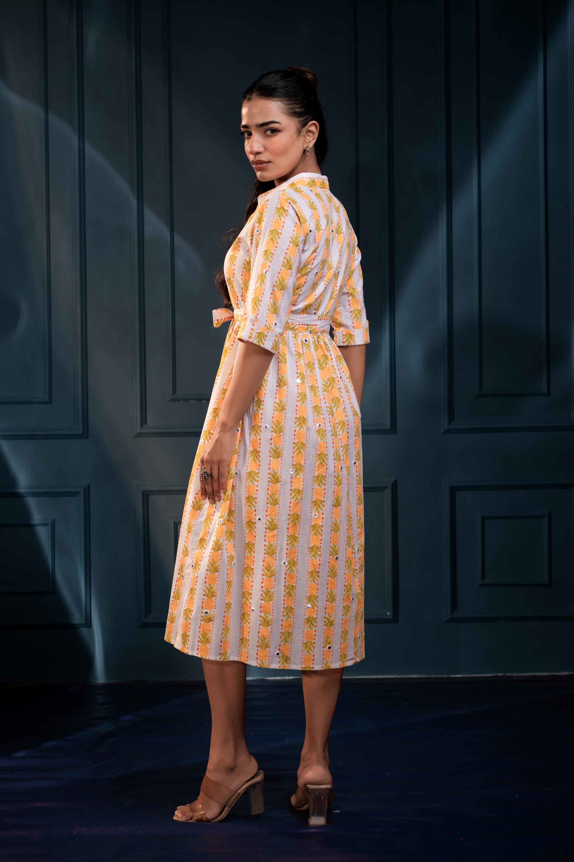 Yellow Floral Cotton Shirt Dress with Belt – GaThread Waist & Mirror Work