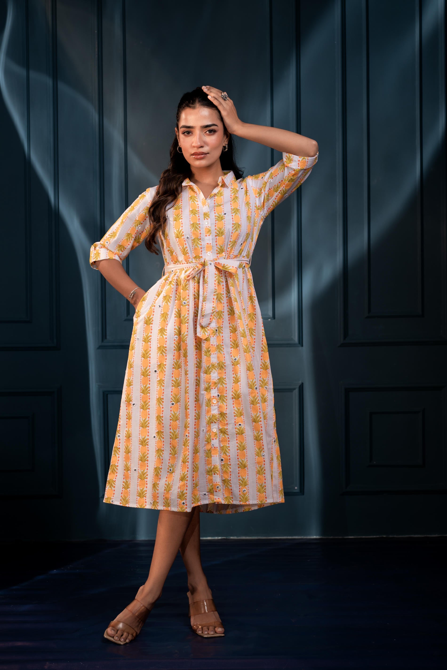 Yellow Floral Cotton Shirt Dress with Belt – GaThread Waist & Mirror Work
