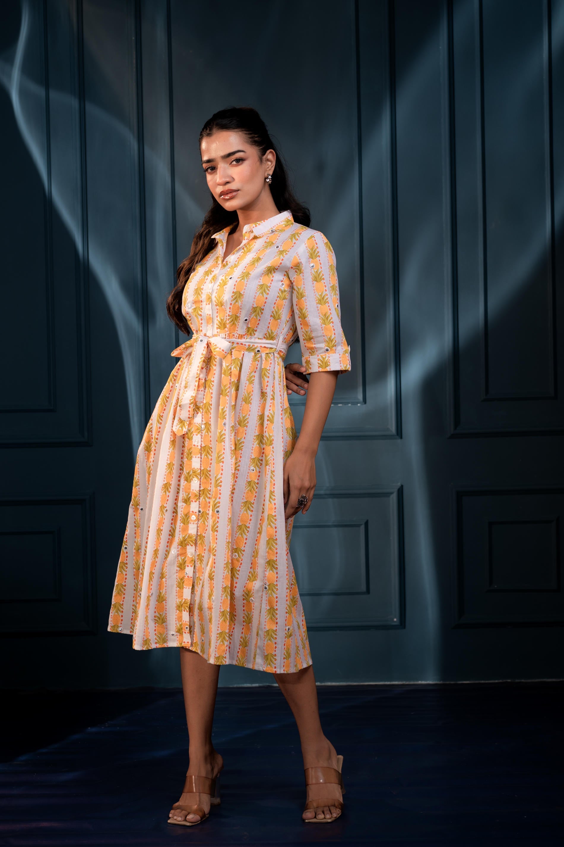 Yellow Floral Cotton Shirt Dress with Belt – GaThread Waist & Mirror Work