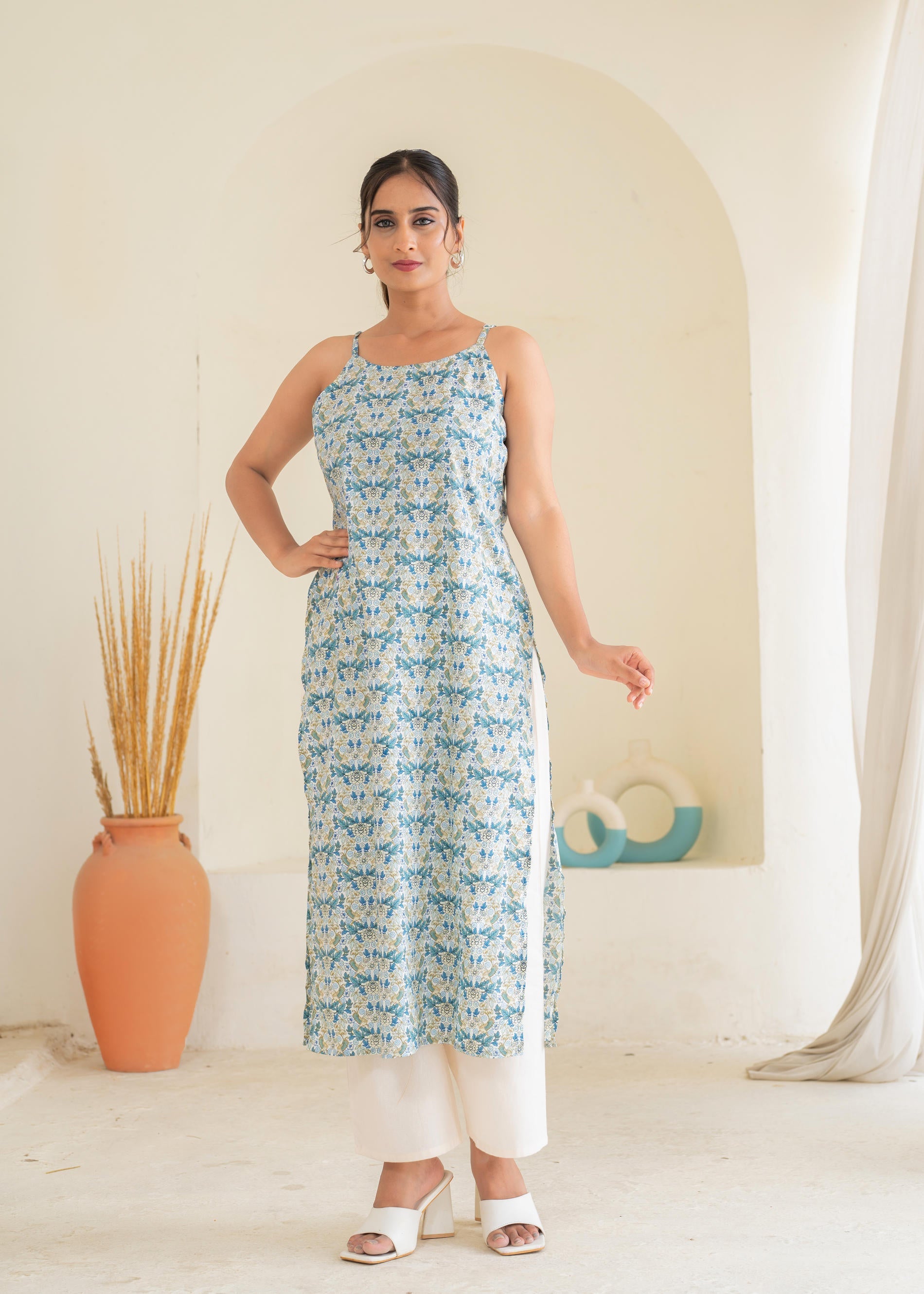 Sky Blue & White Floral Printed Cotton Kurta