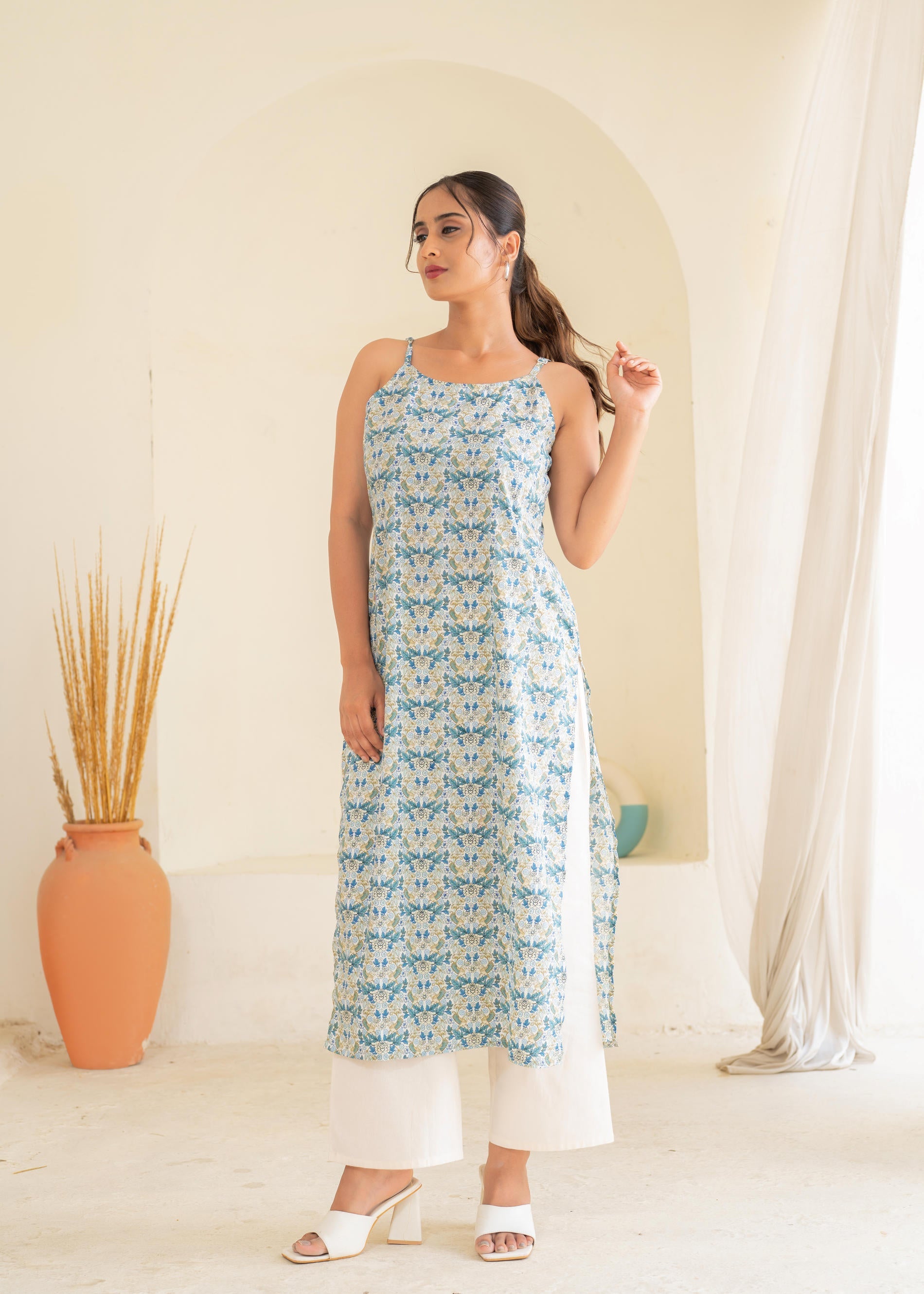 Sky Blue & White Floral Printed Cotton Kurta