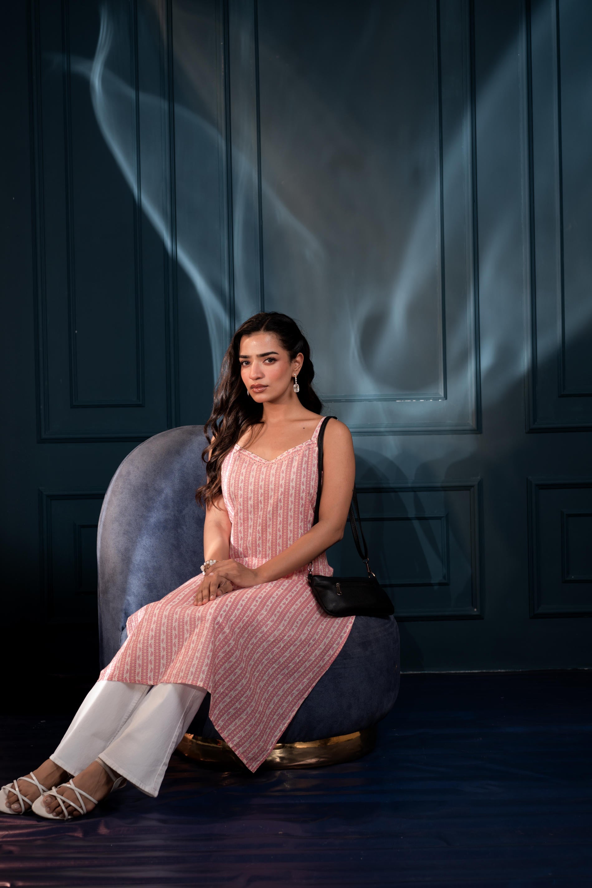 Women's Pink Ethnic Motifs Kurta in Man-Made Fiber with Sequin Detailing