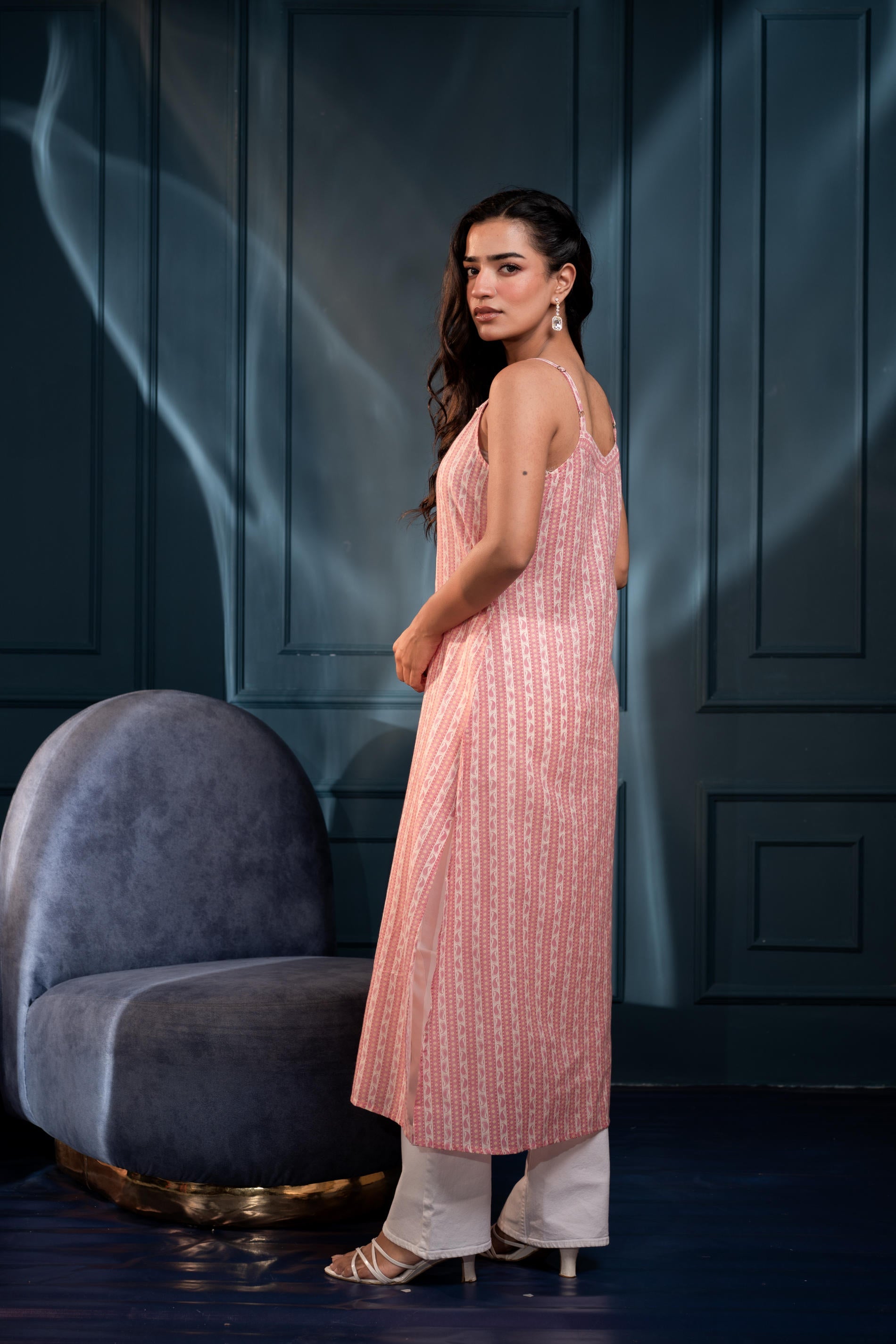 Women's Pink Ethnic Motifs Kurta in Man-Made Fiber with Sequin Detailing