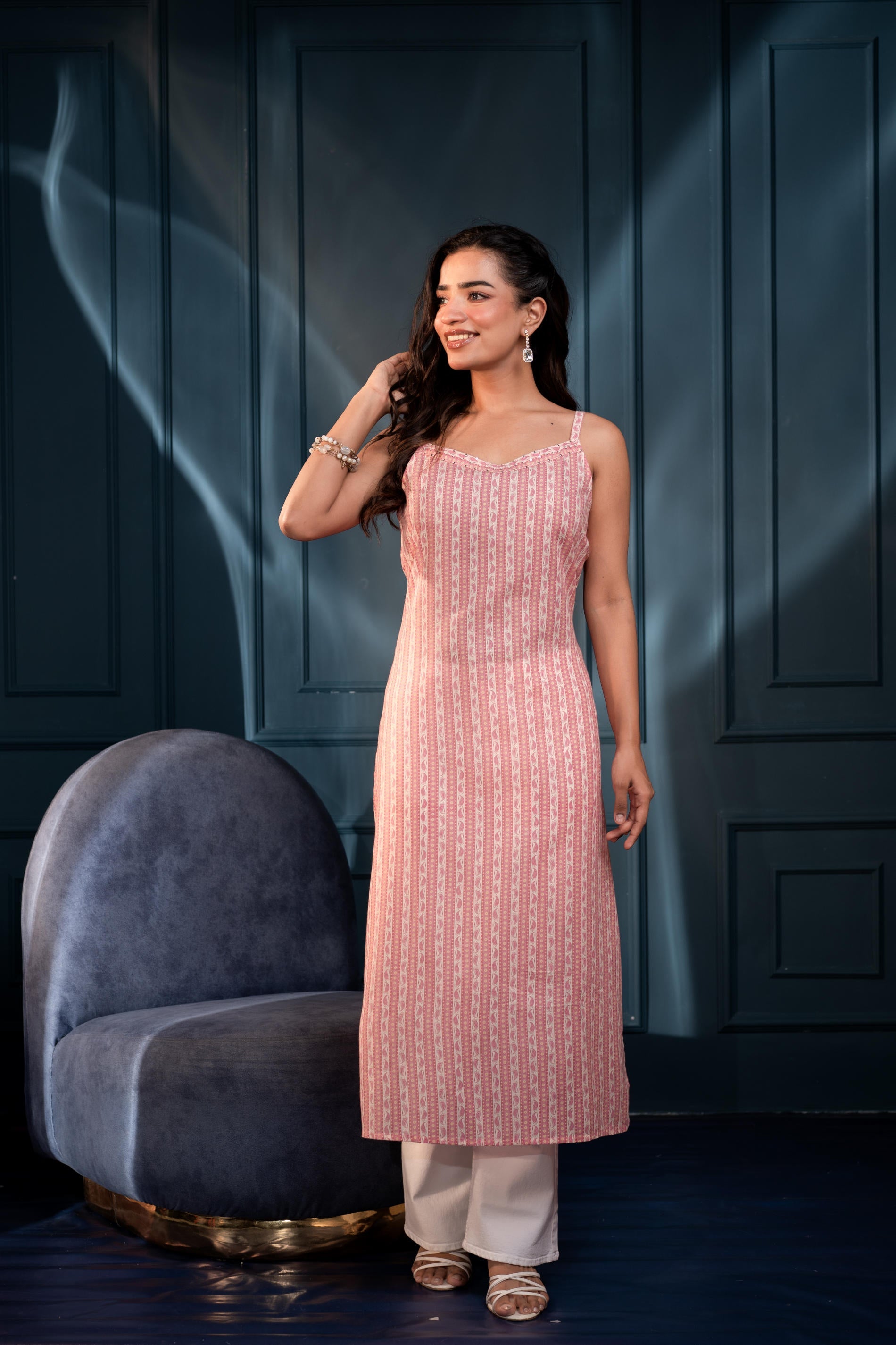 Women's Pink Ethnic Motifs Kurta in Man-Made Fiber with Sequin Detailing