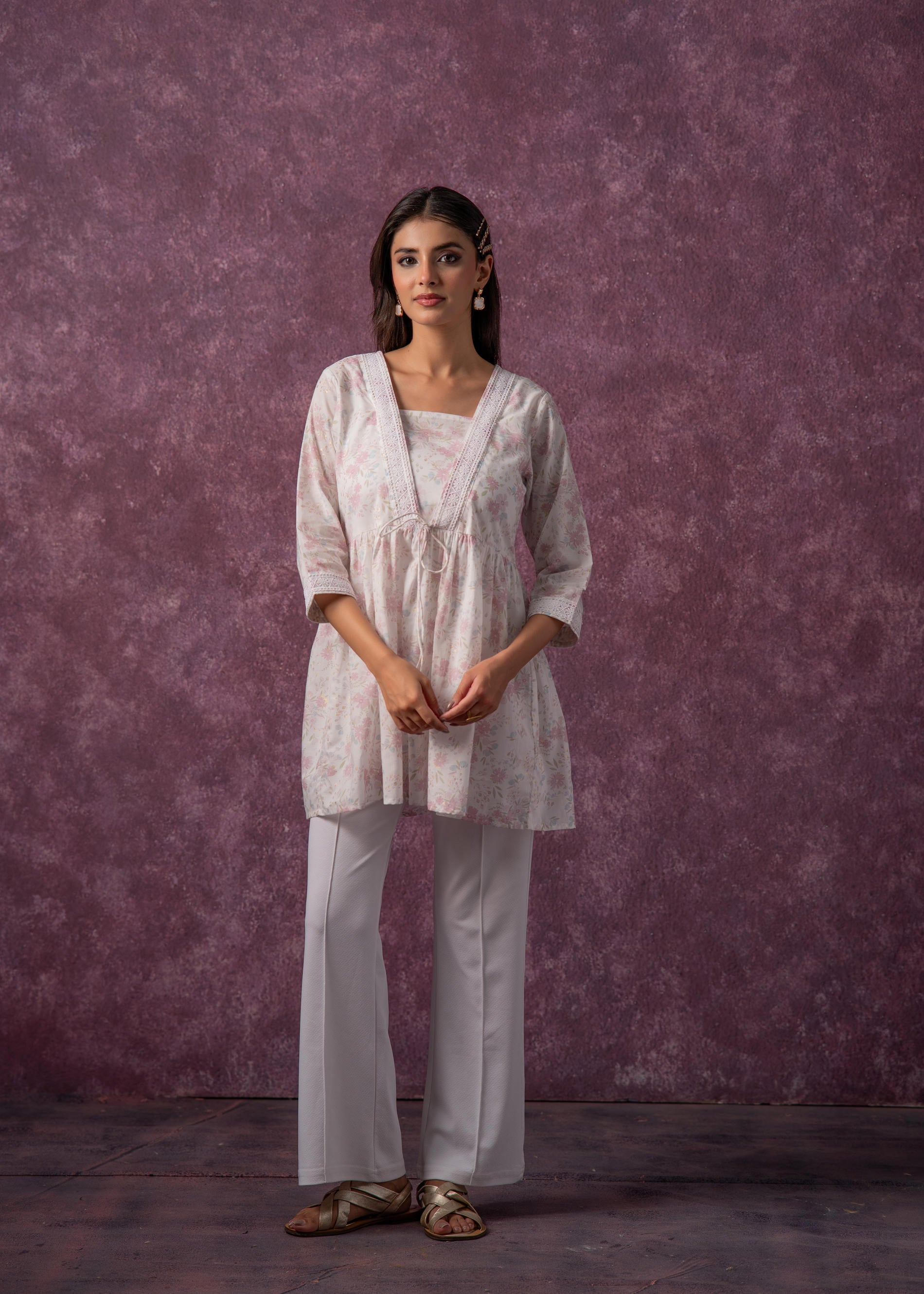 Women's Offwhite & Pink Floral Cotton Tunic with Lace and Dori Details