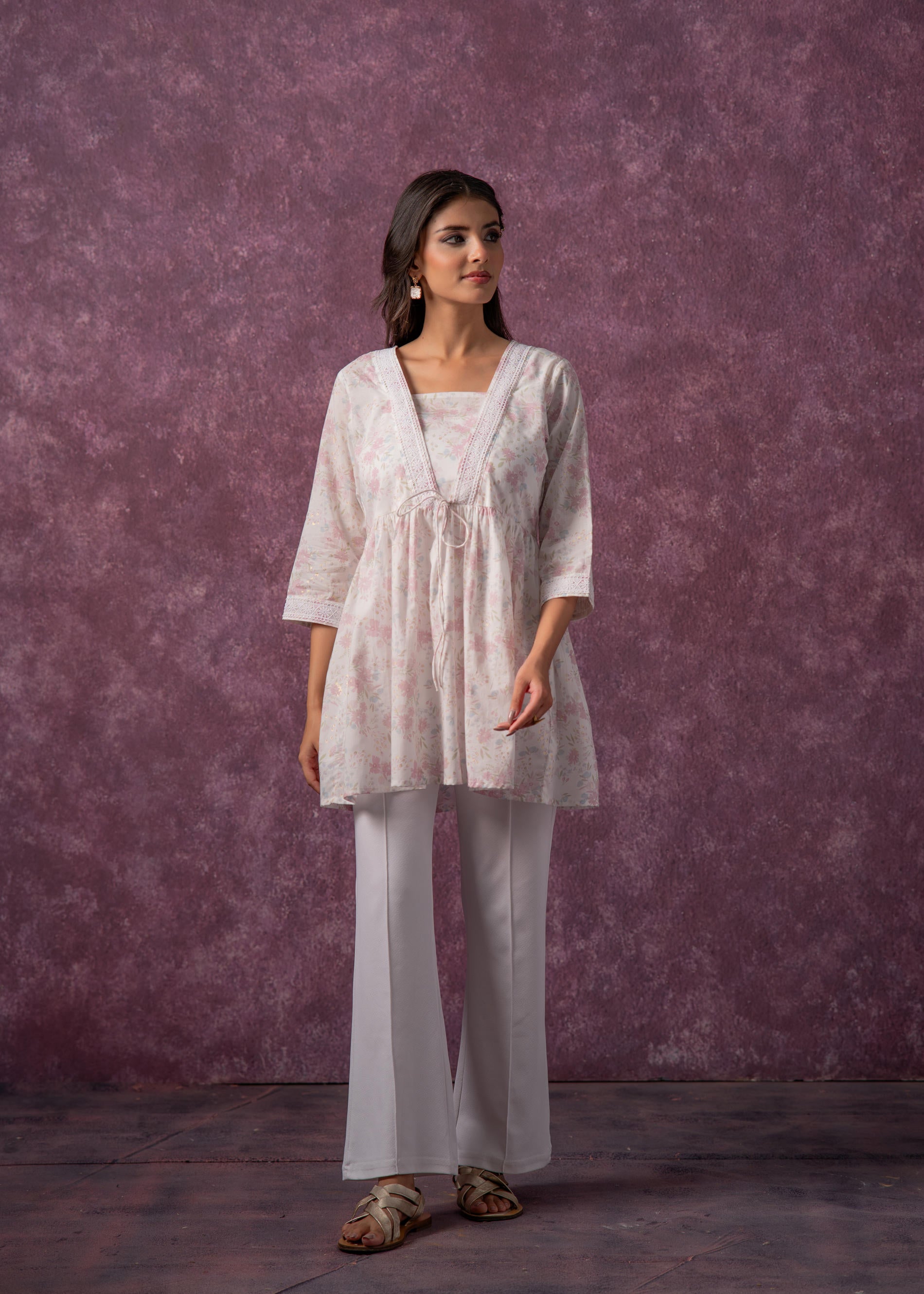 Women's Offwhite & Pink Floral Cotton Tunic with Lace and Dori Details