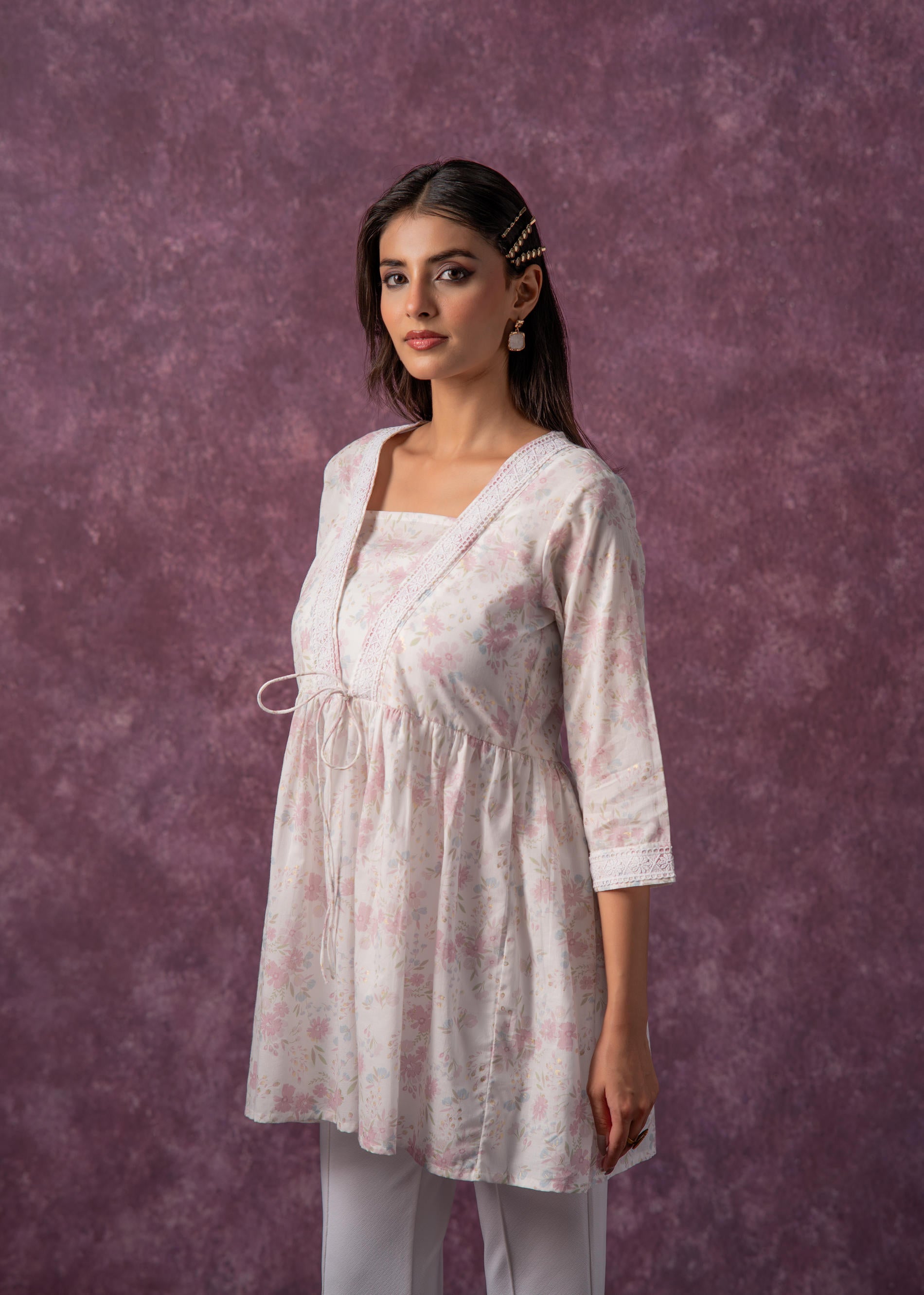 Women's Offwhite & Pink Floral Cotton Tunic with Lace and Dori Details