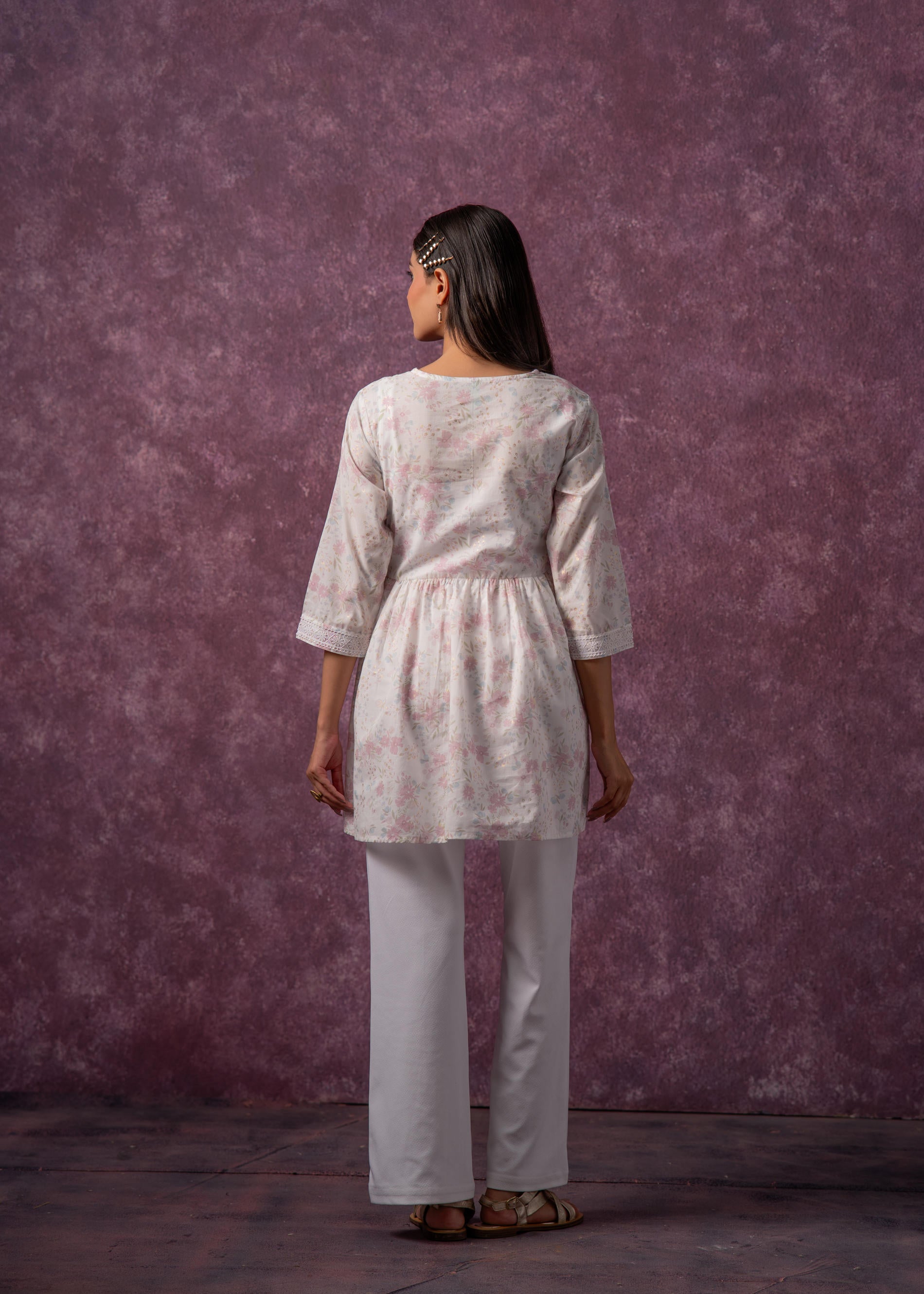 Women's Offwhite & Pink Floral Cotton Tunic with Lace and Dori Details