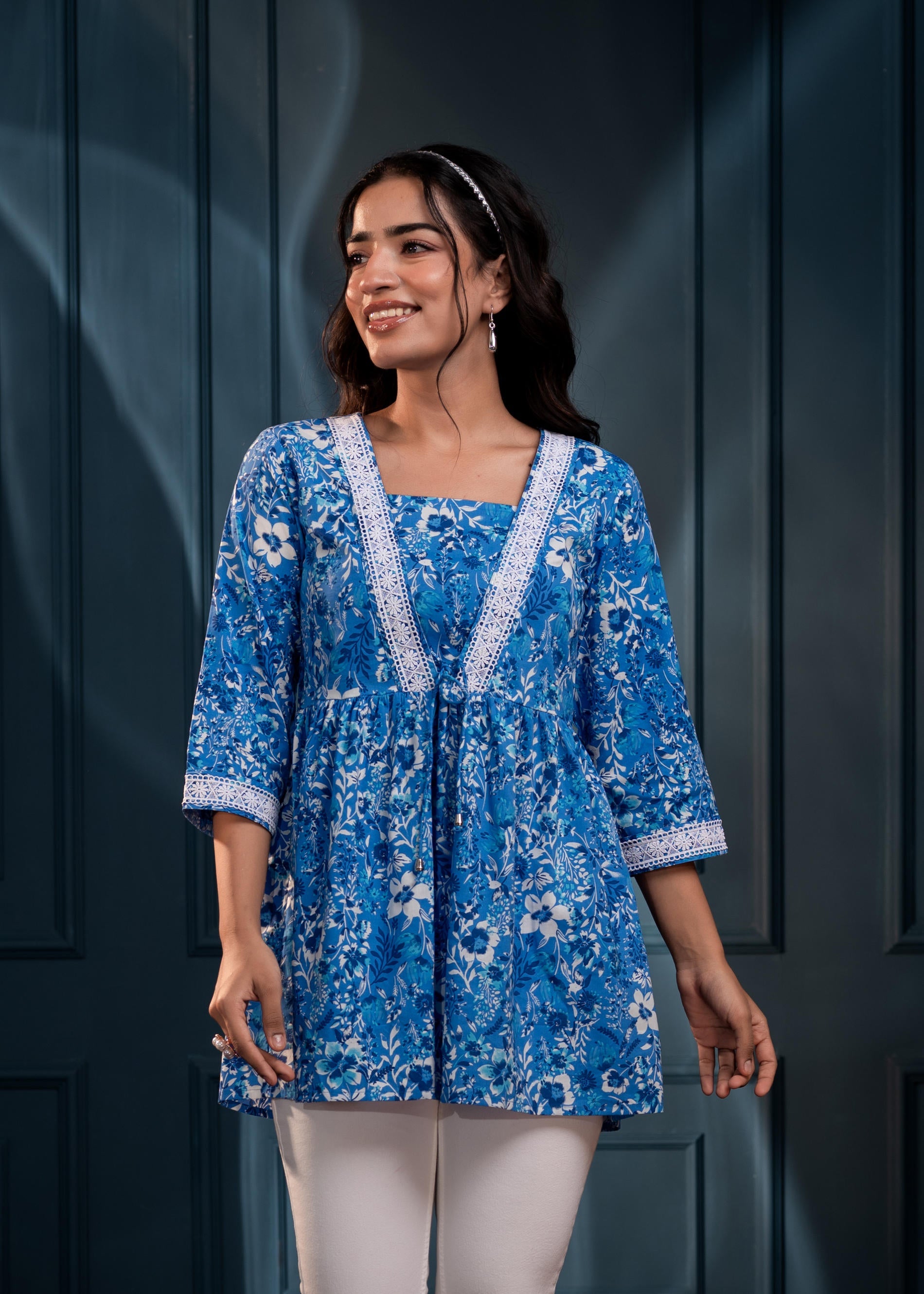 Blue & White Floral Printed Viscose Tunic with Lace & Dori Tie