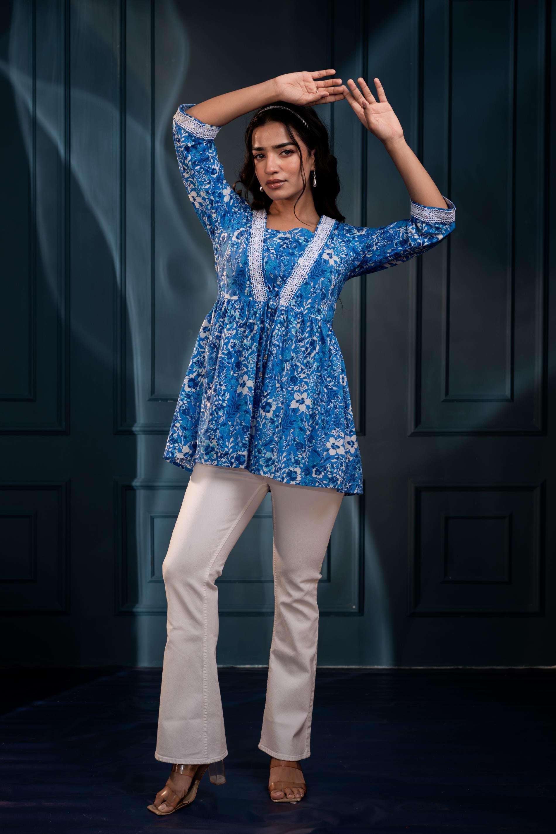Blue & White Floral Printed Viscose Tunic with Lace & Dori Tie