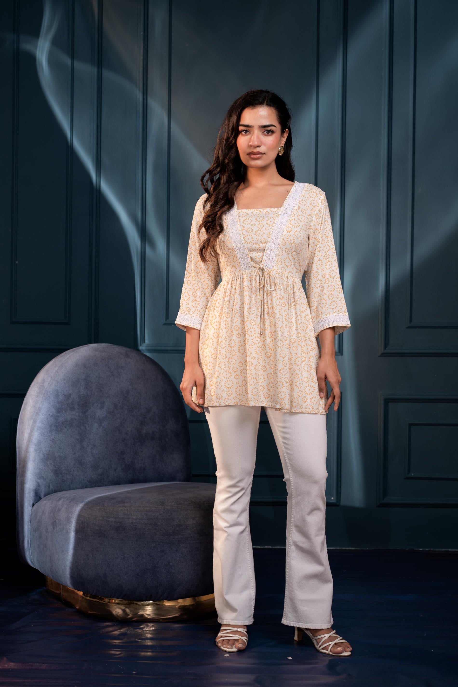 Off-White & Mustard Floral Printed Viscose Tunic with Lace & Dori Tie