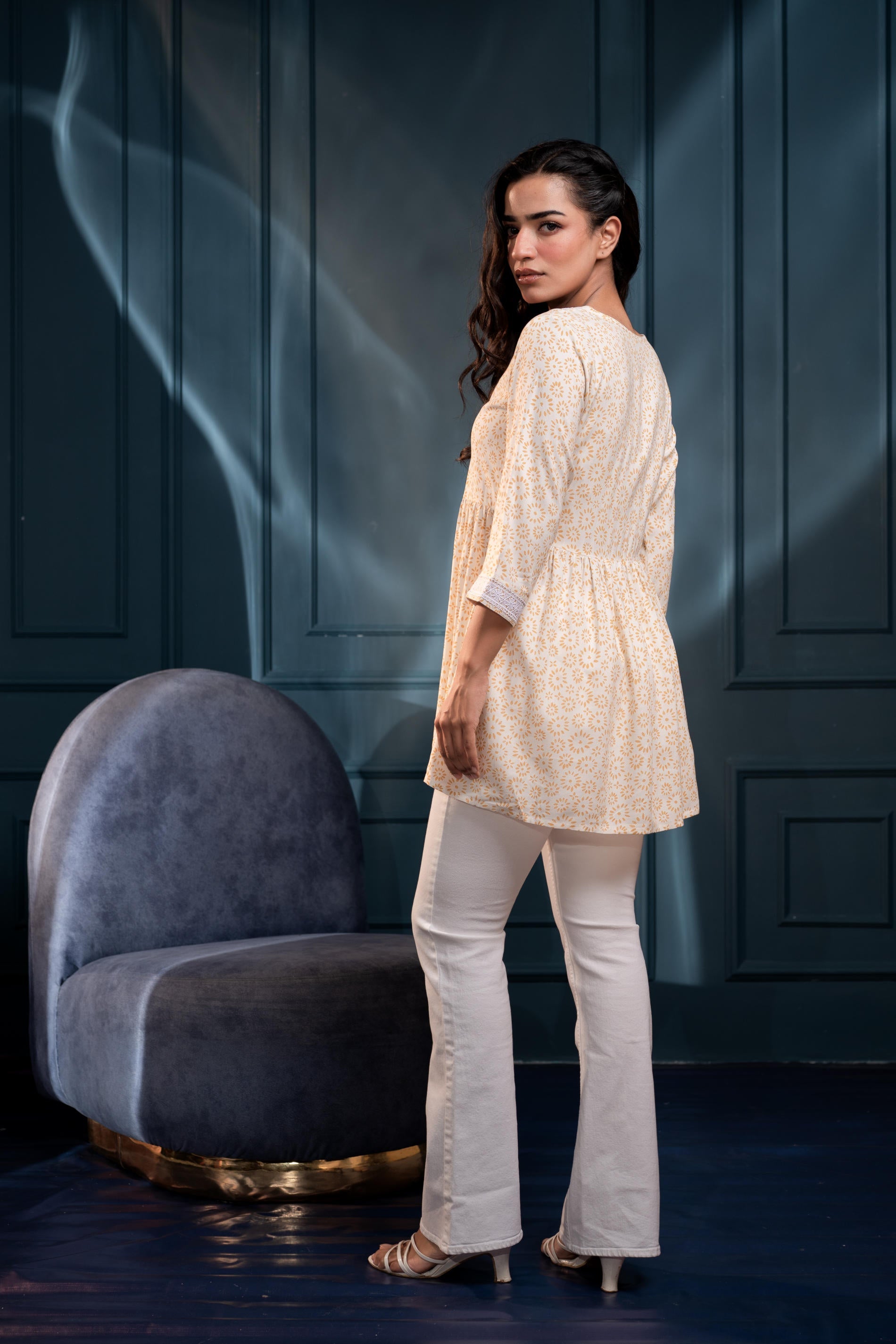 Off-White & Mustard Floral Printed Viscose Tunic with Lace & Dori Tie