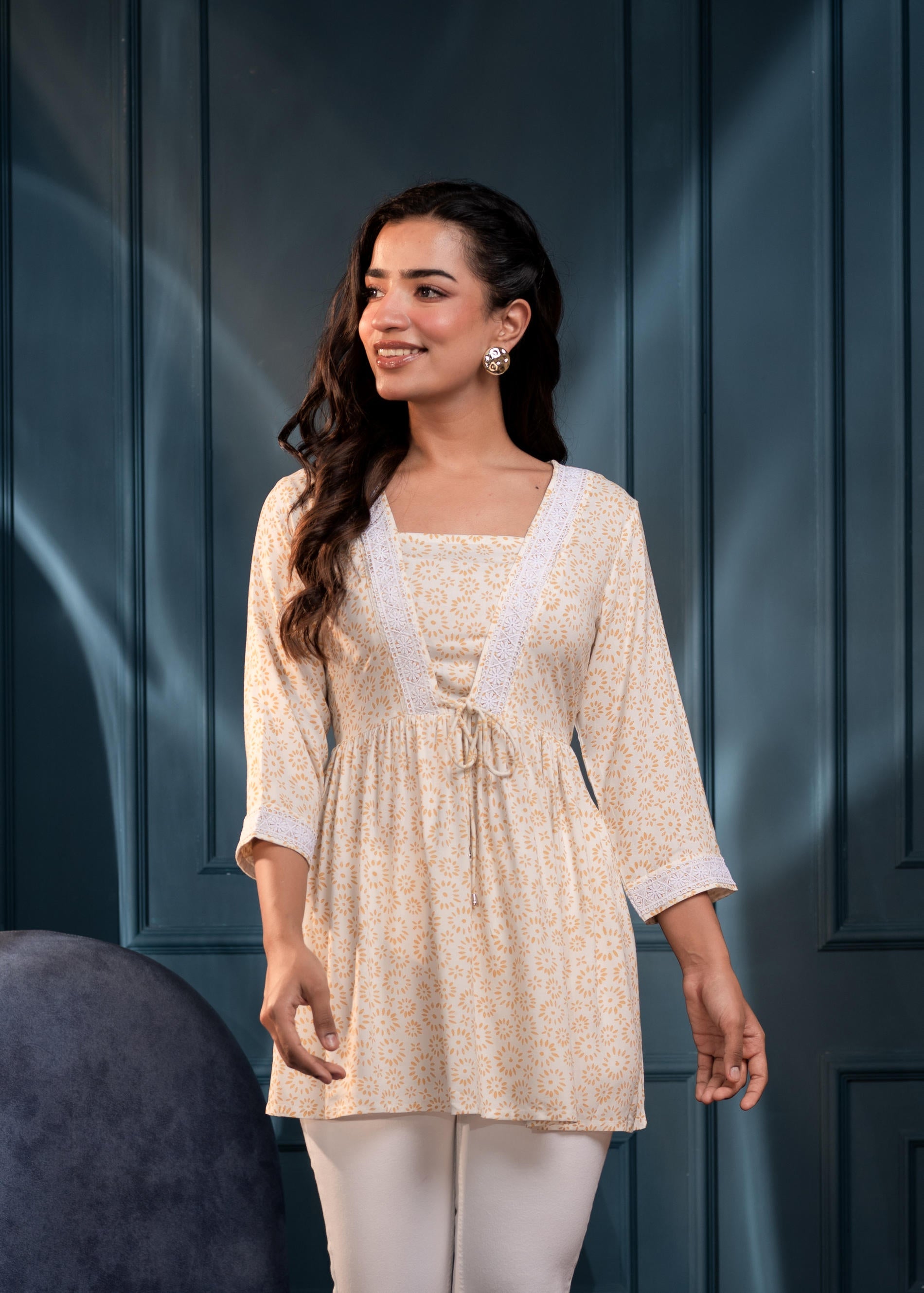 Off-White & Mustard Floral Printed Viscose Tunic with Lace & Dori Tie