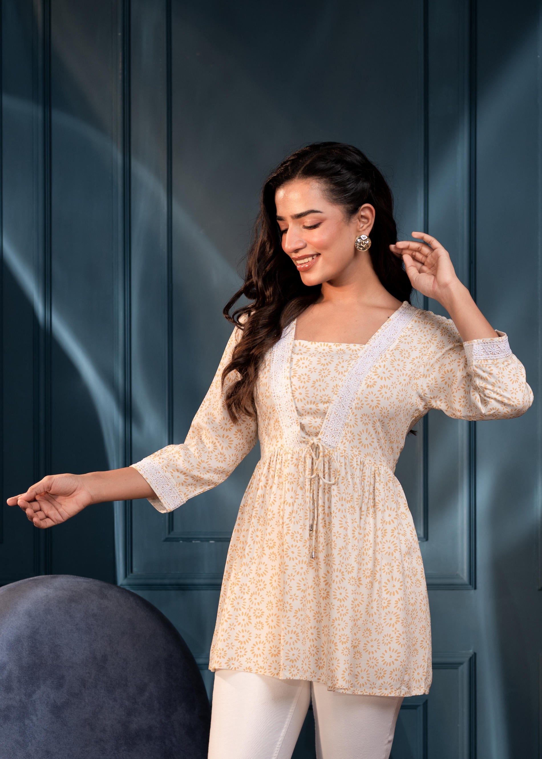 Off-White & Mustard Floral Printed Viscose Tunic with Lace & Dori Tie