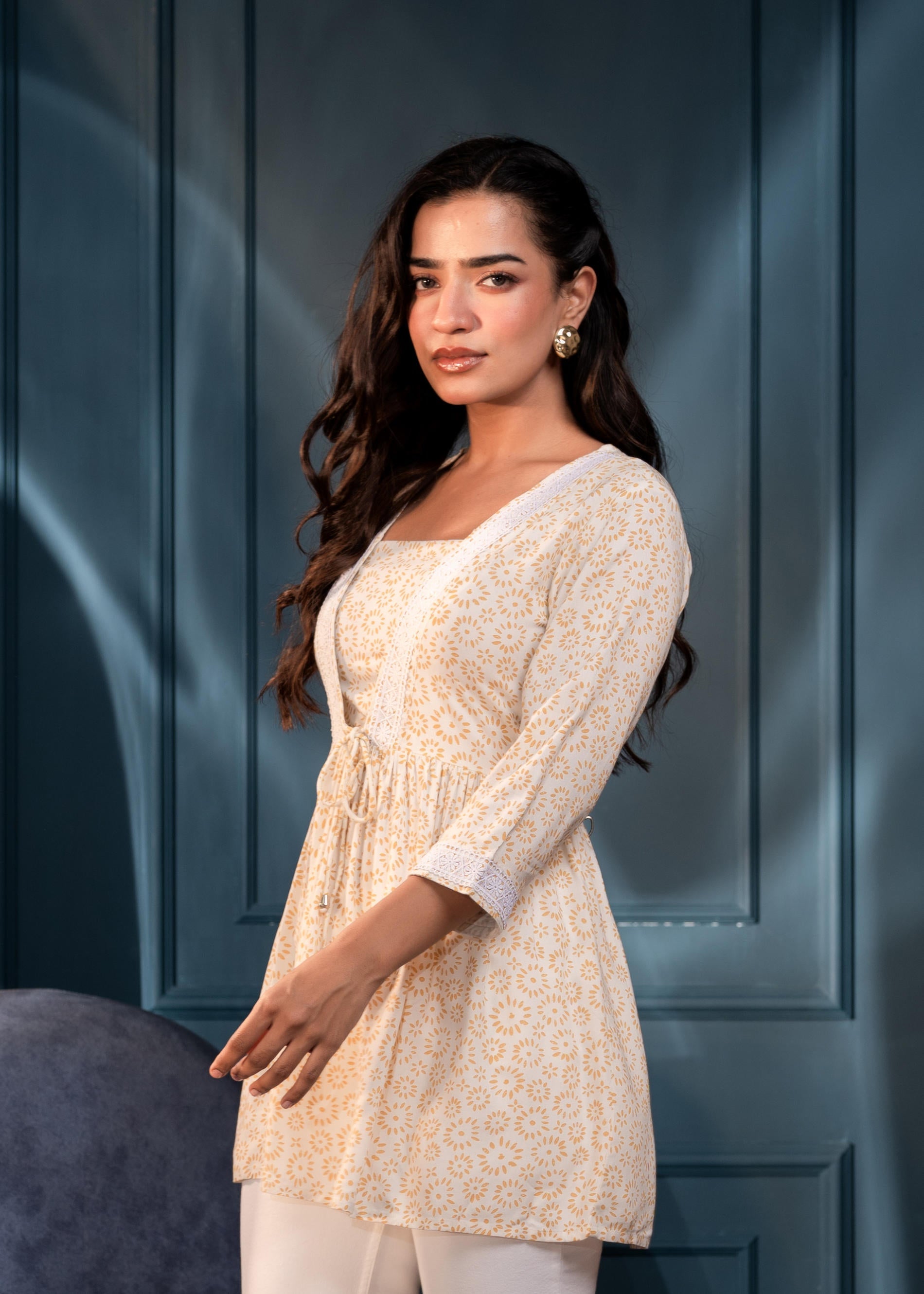 Off-White & Mustard Floral Printed Viscose Tunic with Lace & Dori Tie