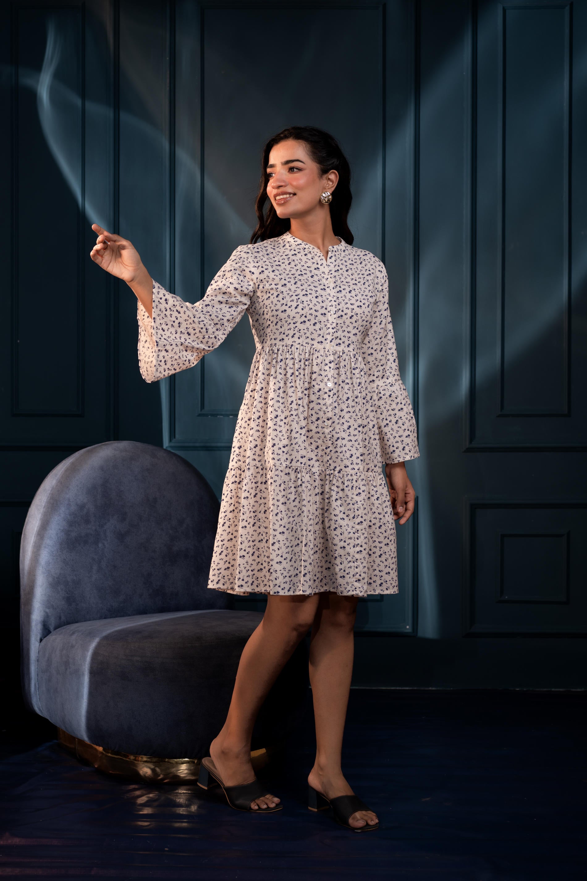 Off-White & Blue Floral Cotton Tiered Dress