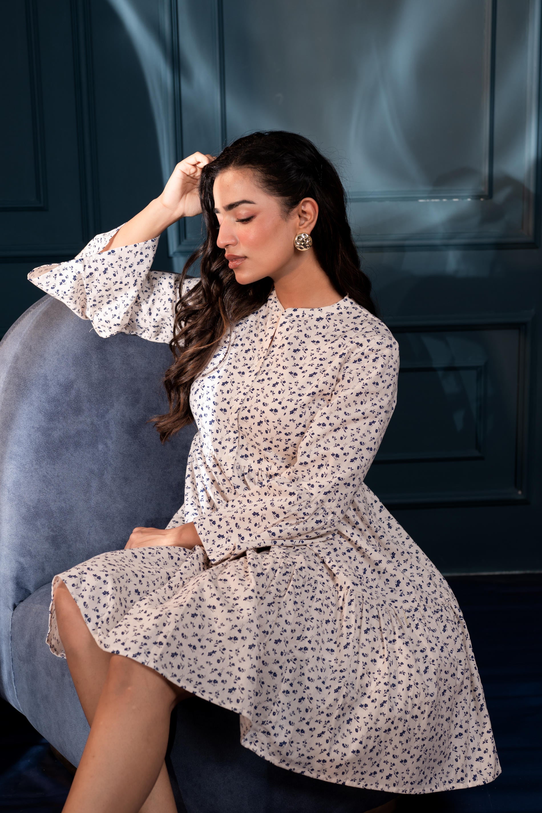 Off-White & Blue Floral Cotton Tiered Dress