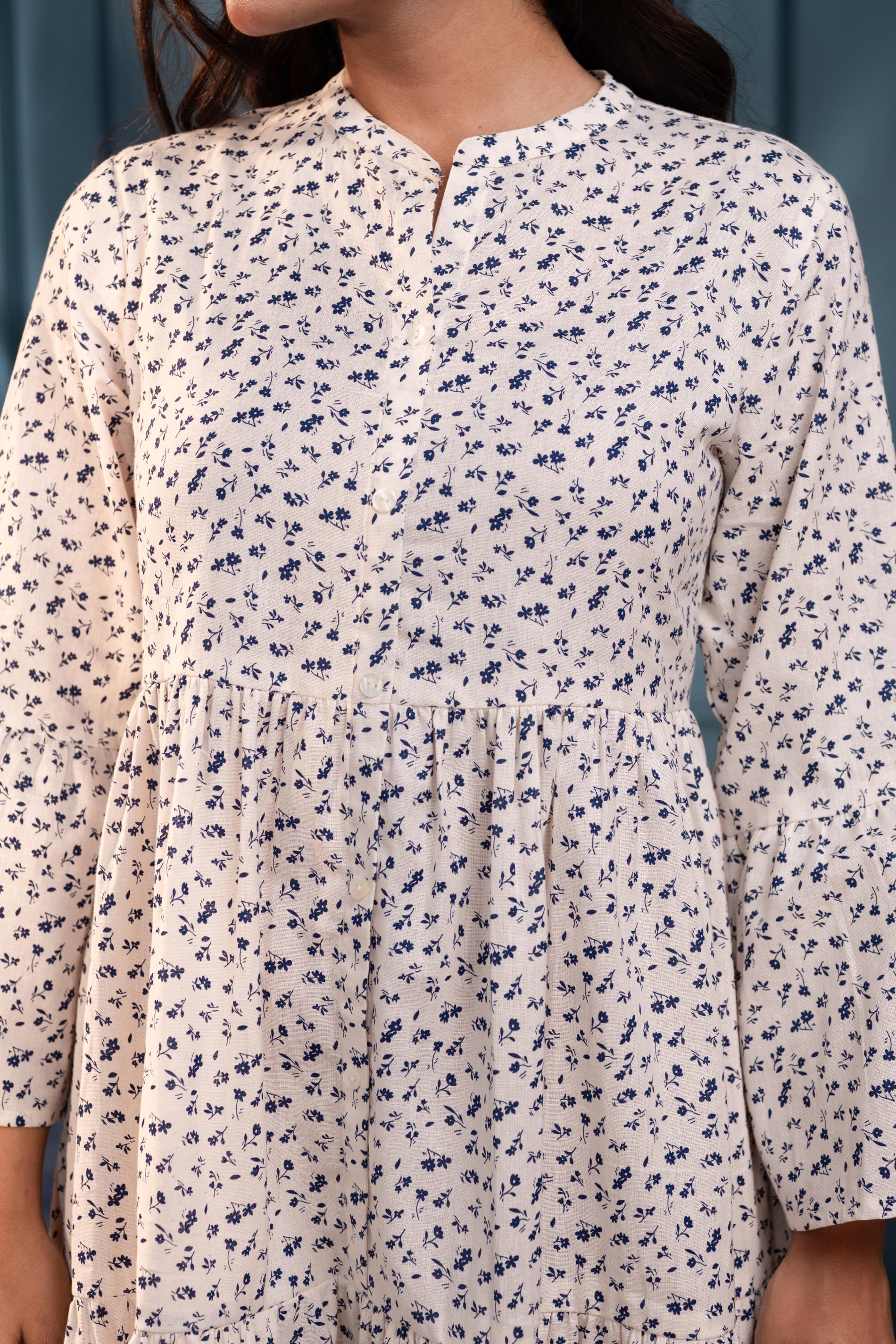 Off-White & Blue Floral Cotton Tiered Dress