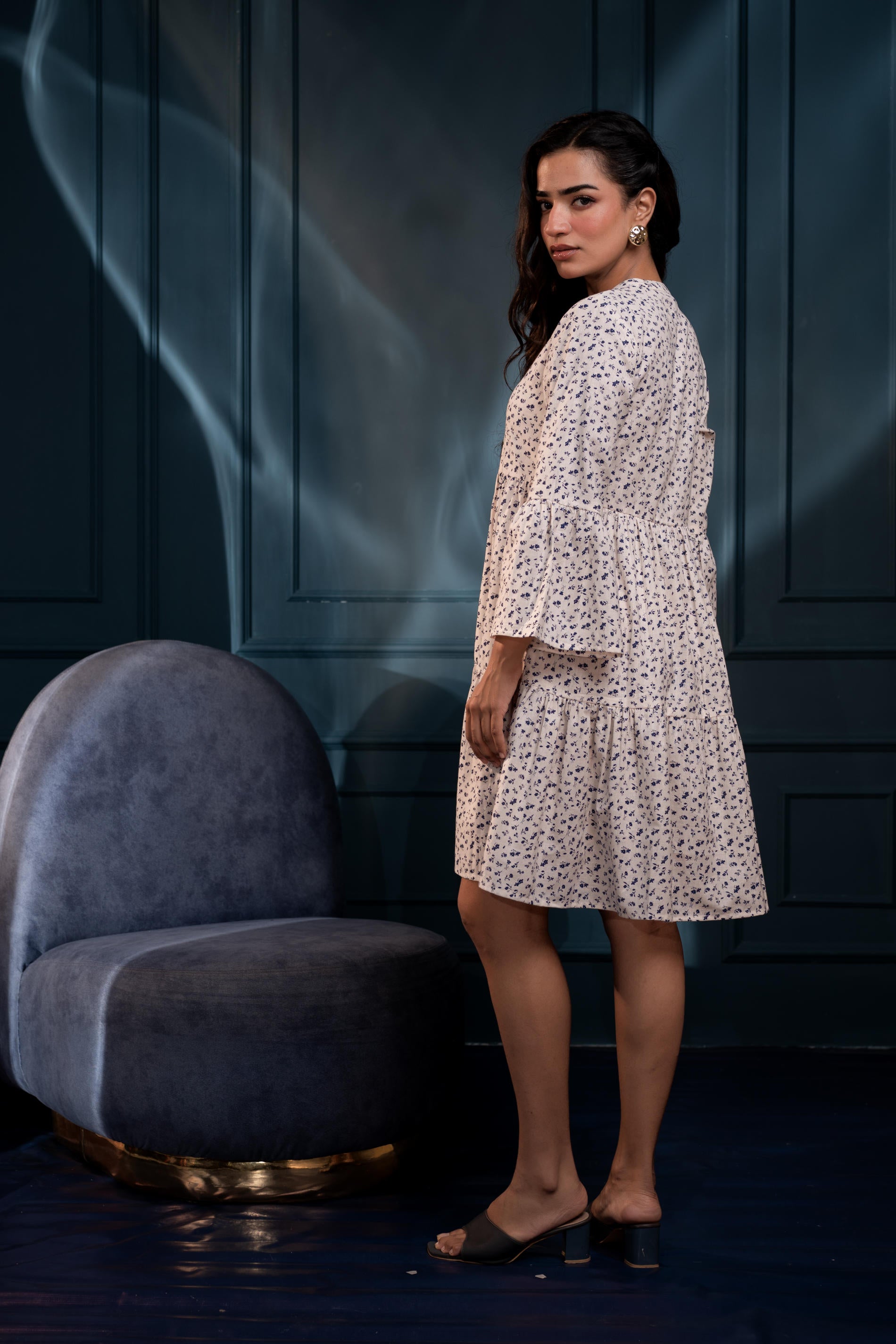 Off-White & Blue Floral Cotton Tiered Dress