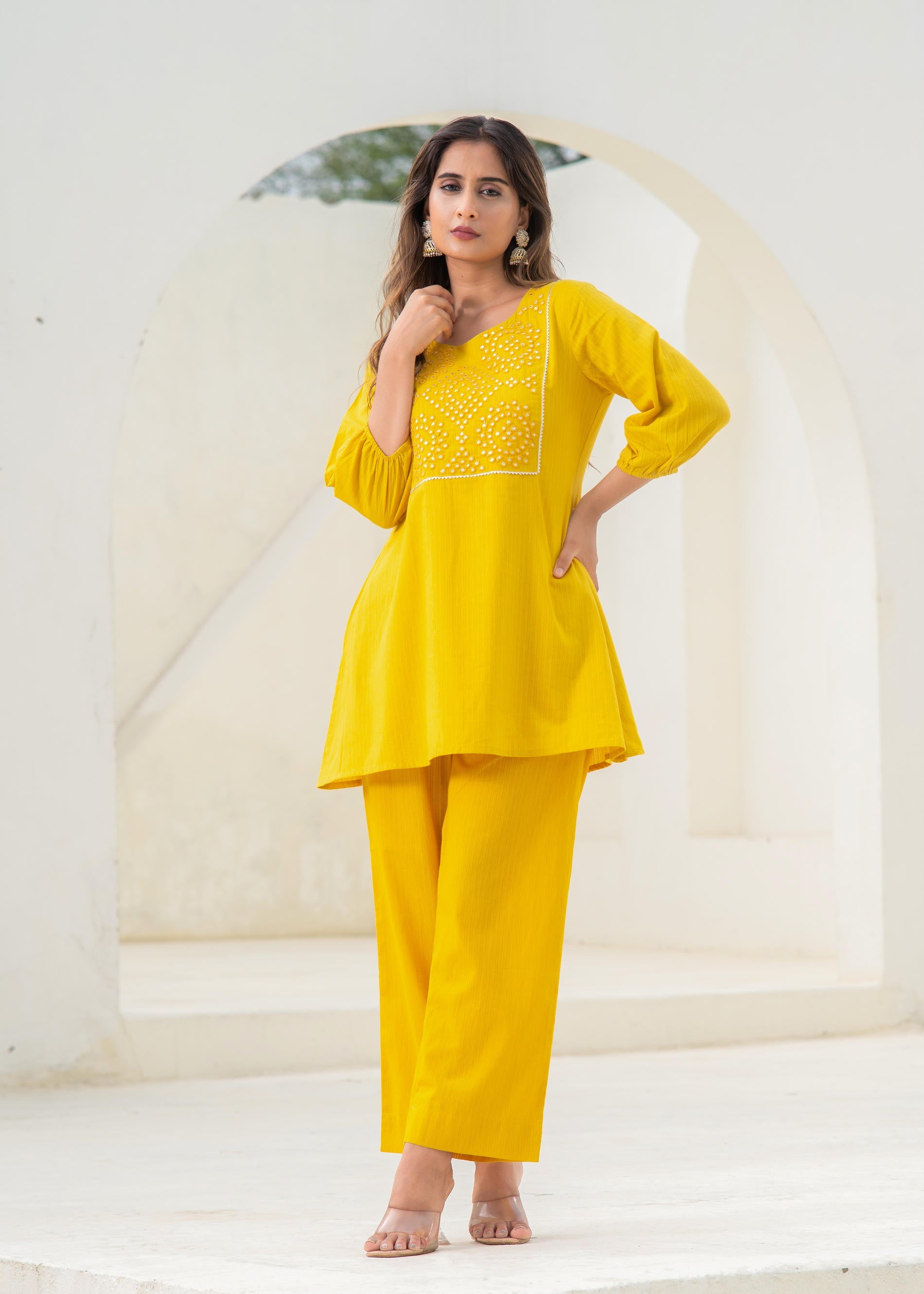 Mustard Embroidered Cotton Kurta-Pant Co-ord Set With Mirror & Thread Work,