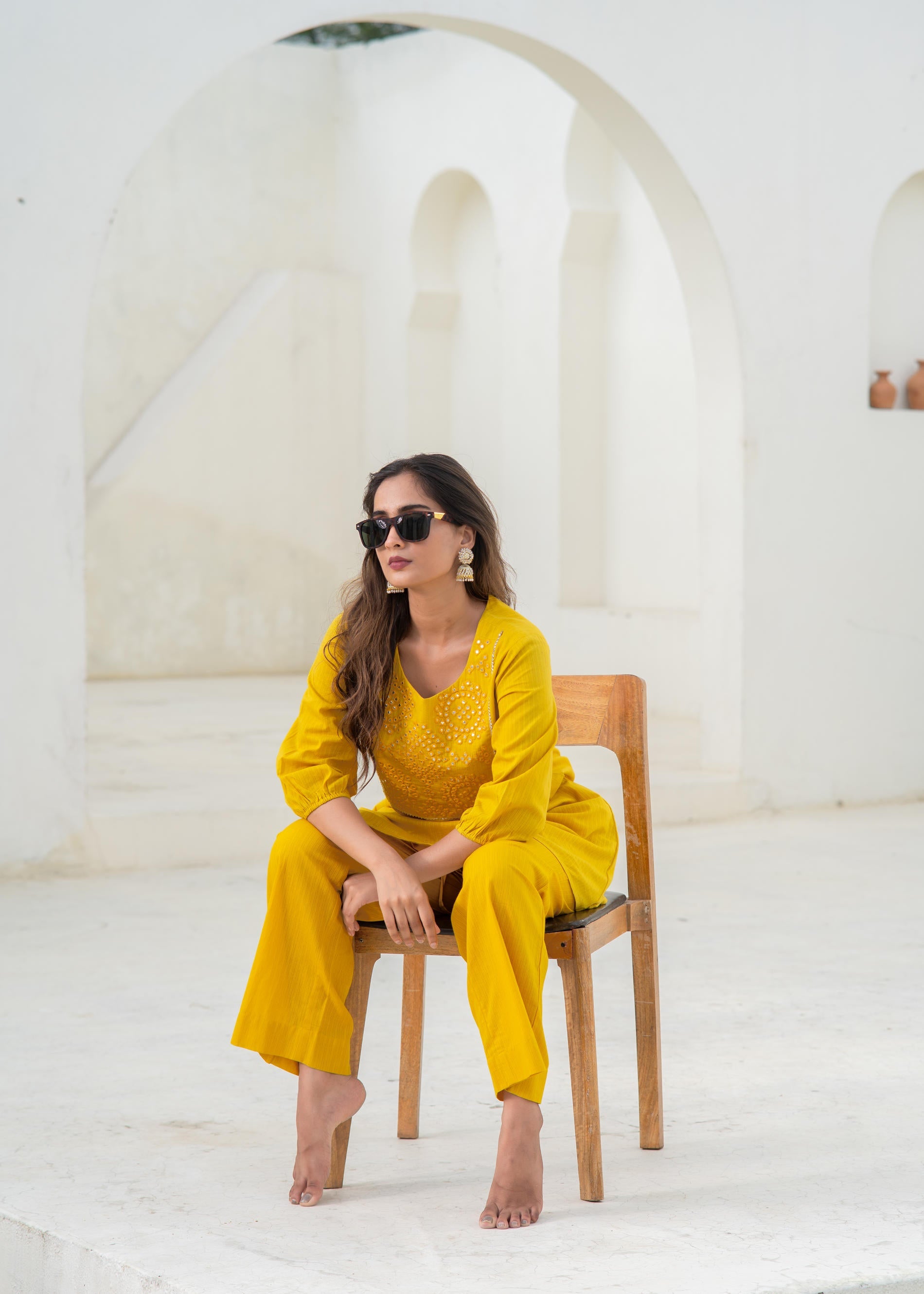 Mustard Embroidered Cotton Kurta-Pant Co-ord Set With Mirror & Thread Work,