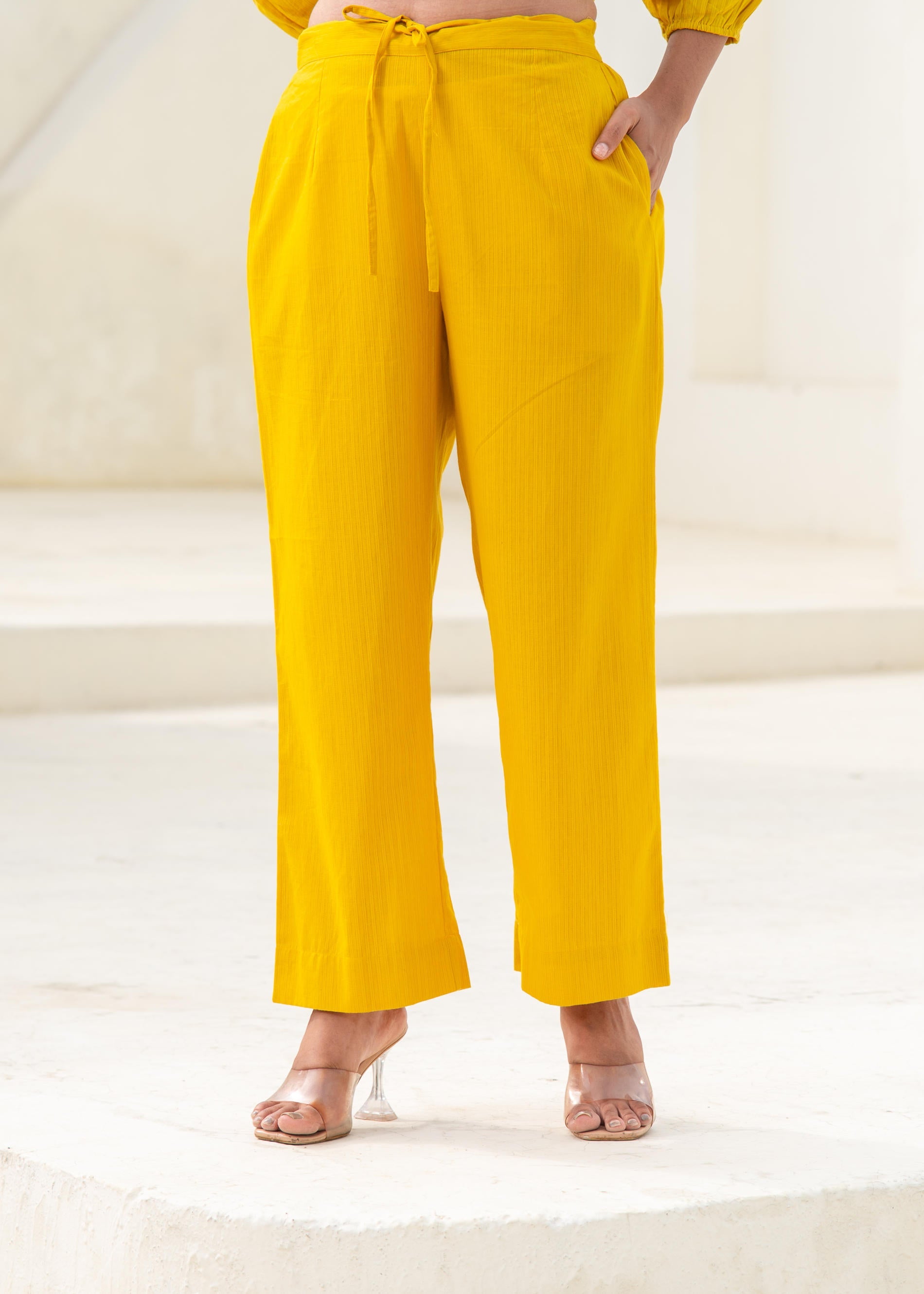 Mustard Embroidered Cotton Kurta-Pant Co-ord Set With Mirror & Thread Work,