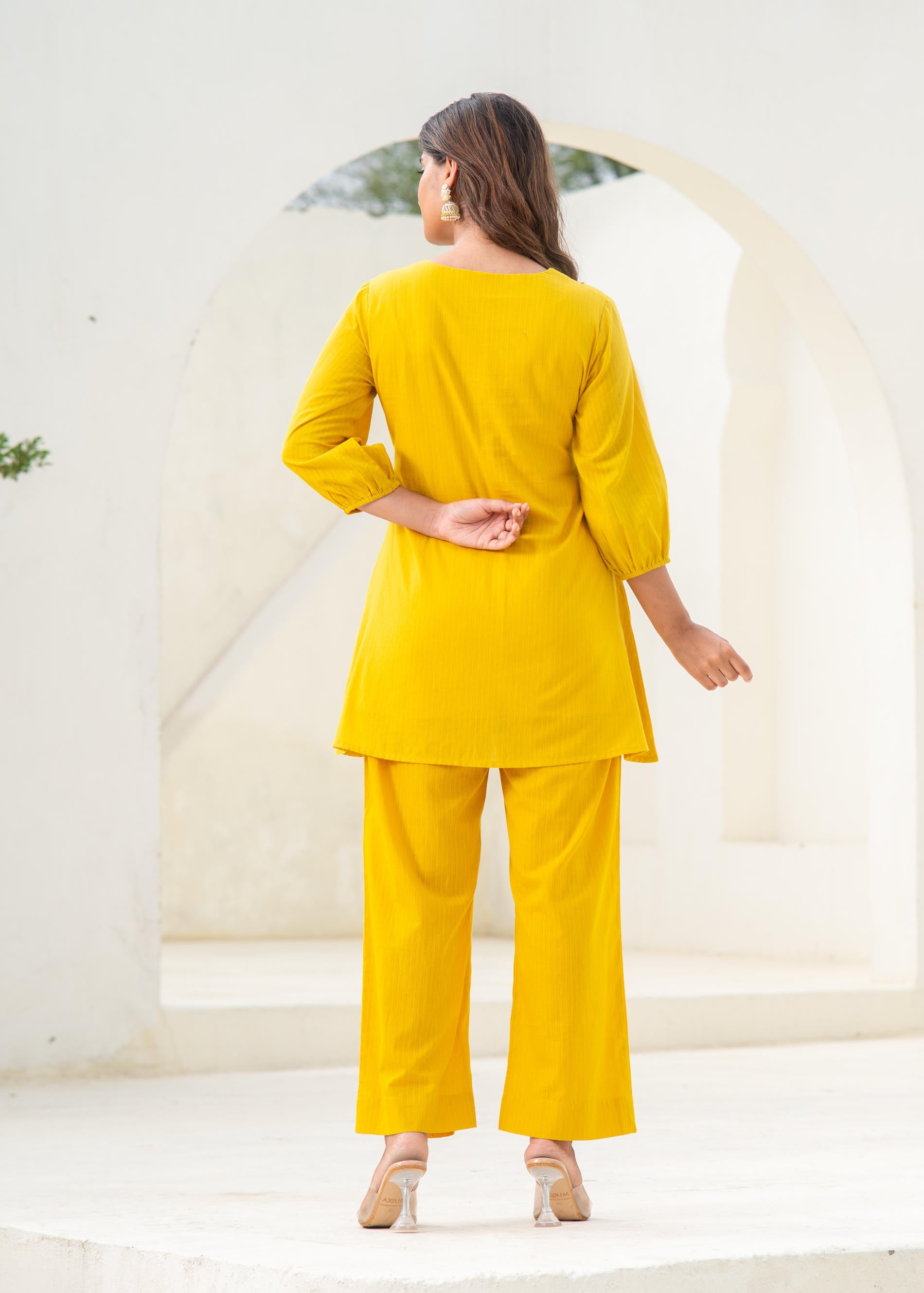 Mustard Embroidered Cotton Kurta-Pant Co-ord Set With Mirror & Thread Work,