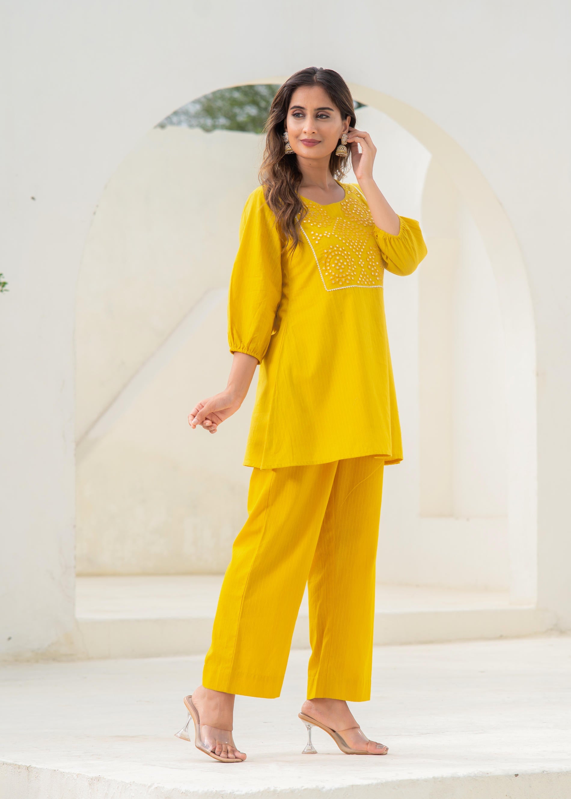 Mustard Embroidered Cotton Kurta-Pant Co-ord Set With Mirror & Thread Work,