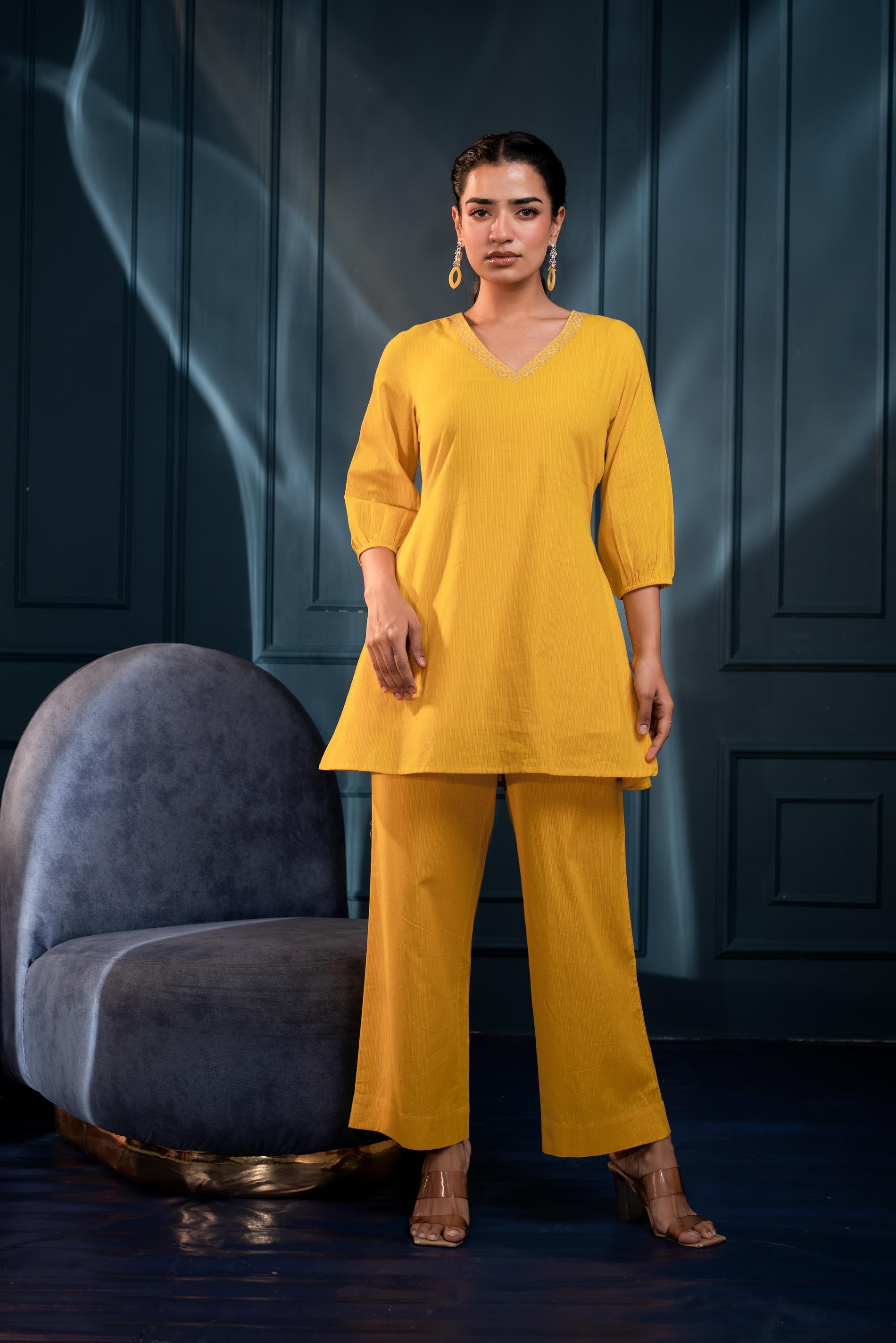 Women's Mustard Striped Cotton Kurta & Pants Co-ord Set with Zari Work