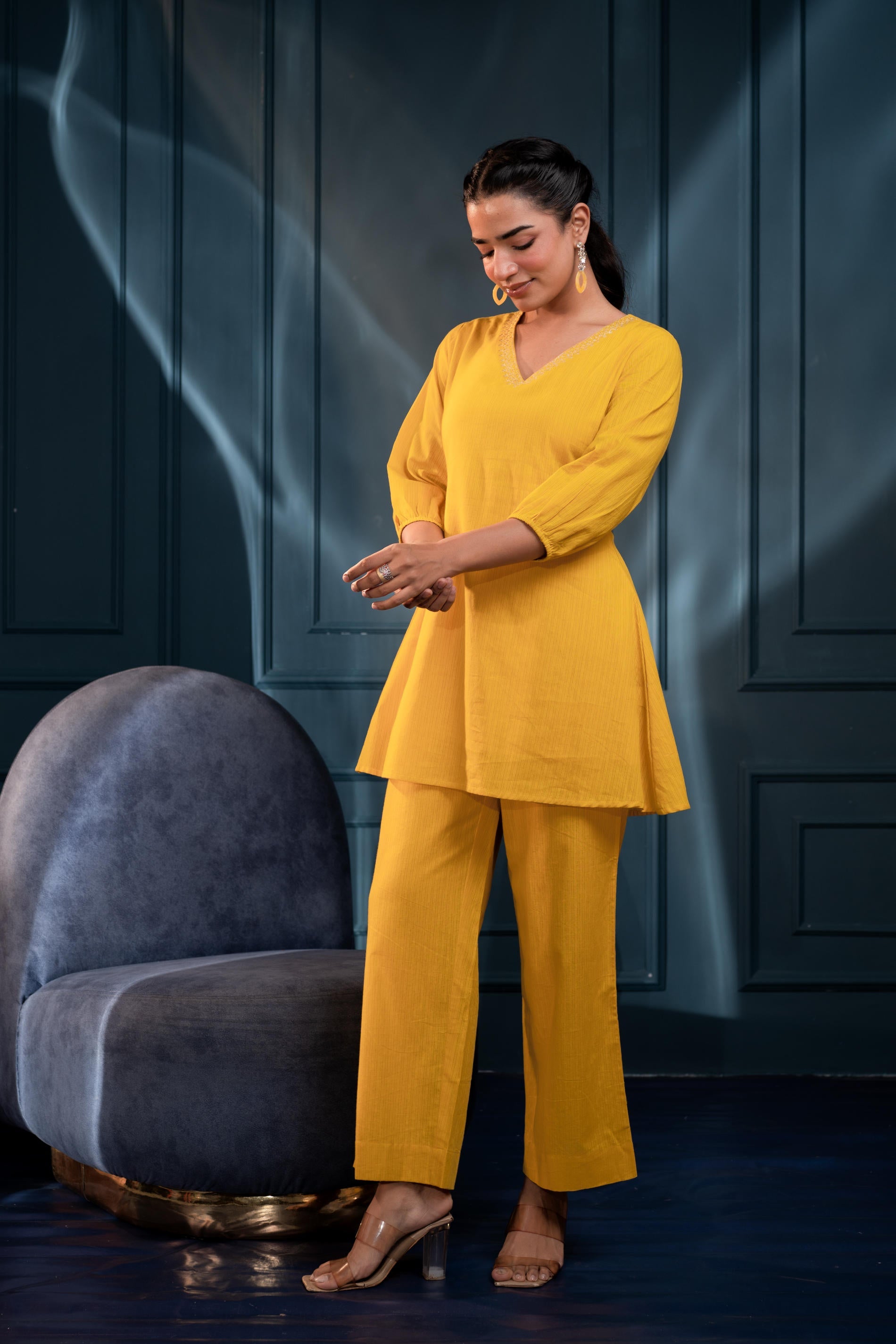 Women's Mustard Striped Cotton Kurta & Pants Co-ord Set with Zari Work