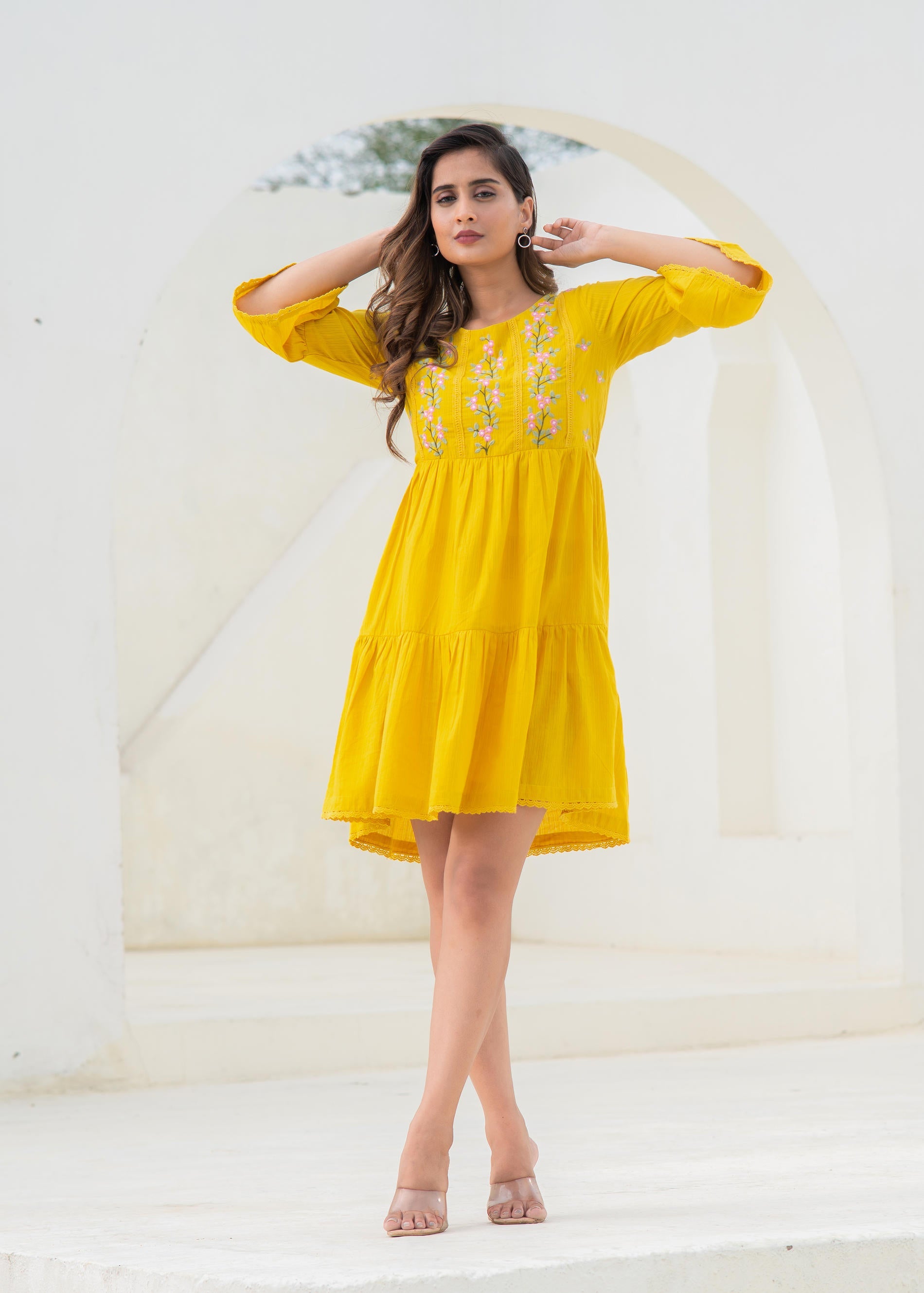 Mustard Embroidered Cotton Tiered Dress – Mirror & Thread Work