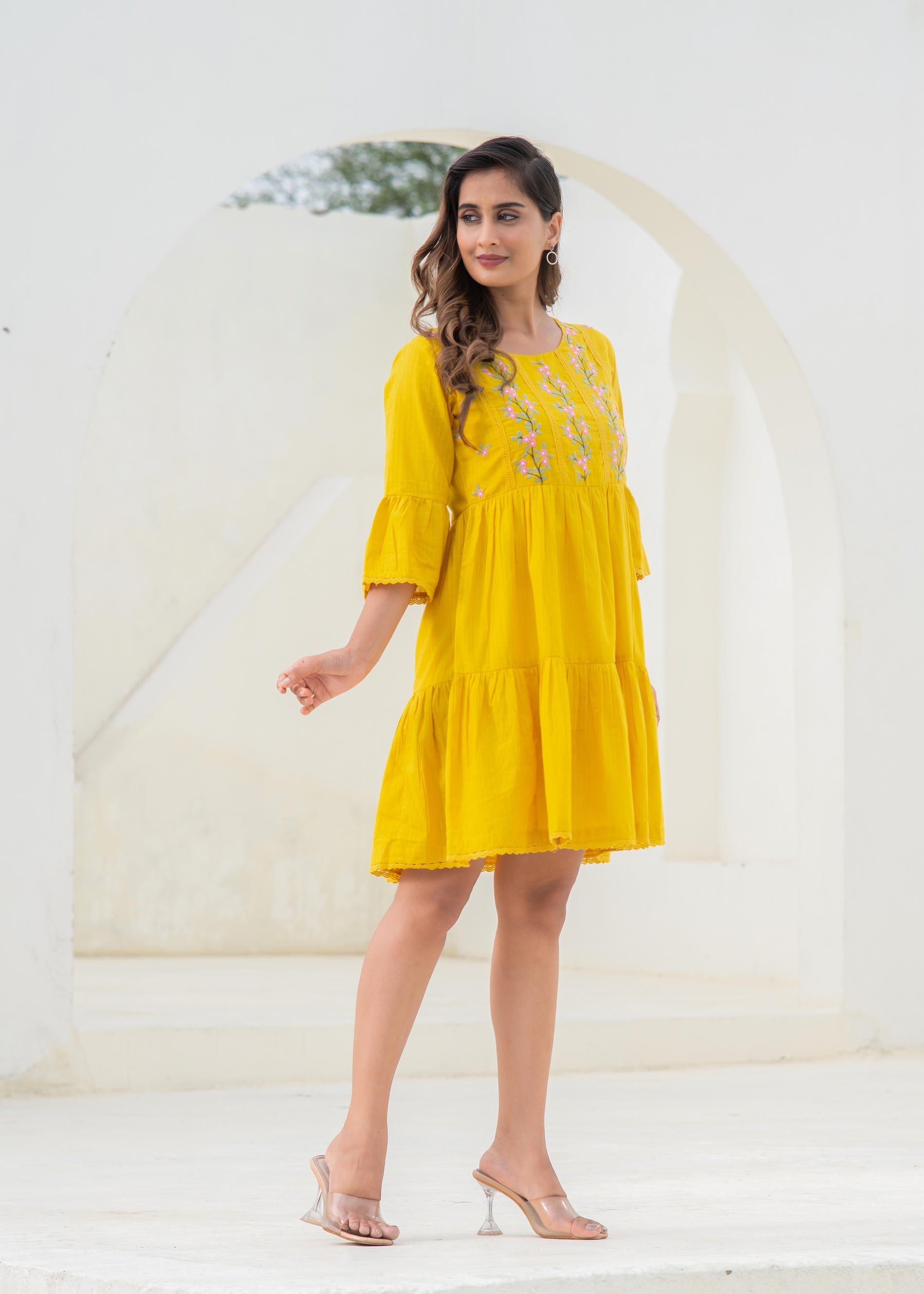 Mustard Embroidered Cotton Tiered Dress – Mirror & Thread Work